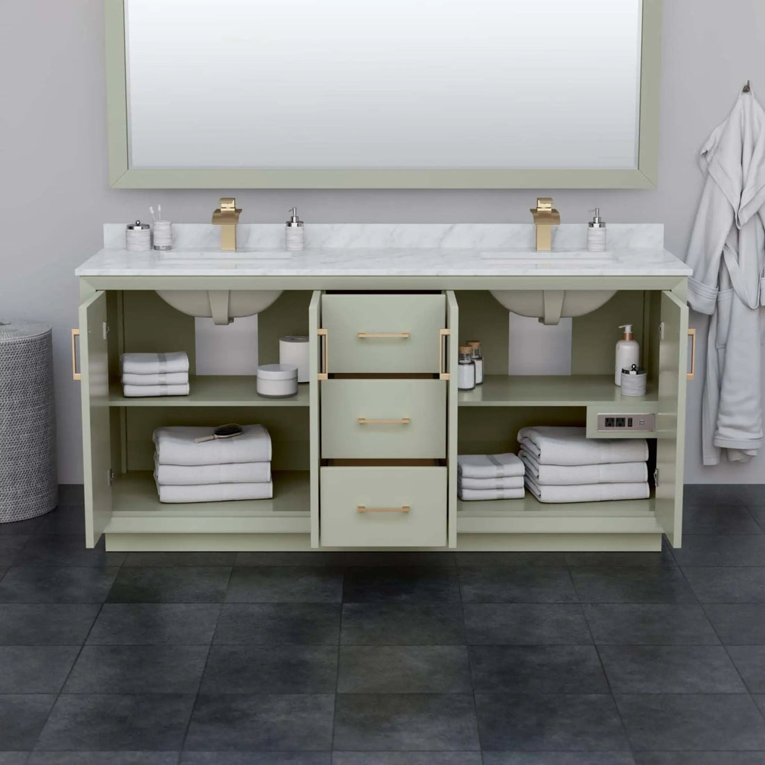 72" Strada Double Bathroom Vanity in Light Green with Satin Bronze Trim by Wyndham