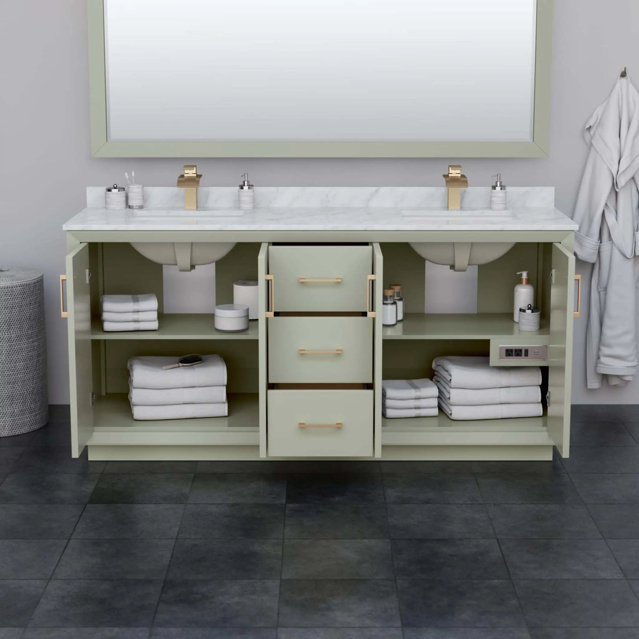 72" Strada Double Bathroom Vanity in Light Green with Satin Bronze Trim by Wyndham