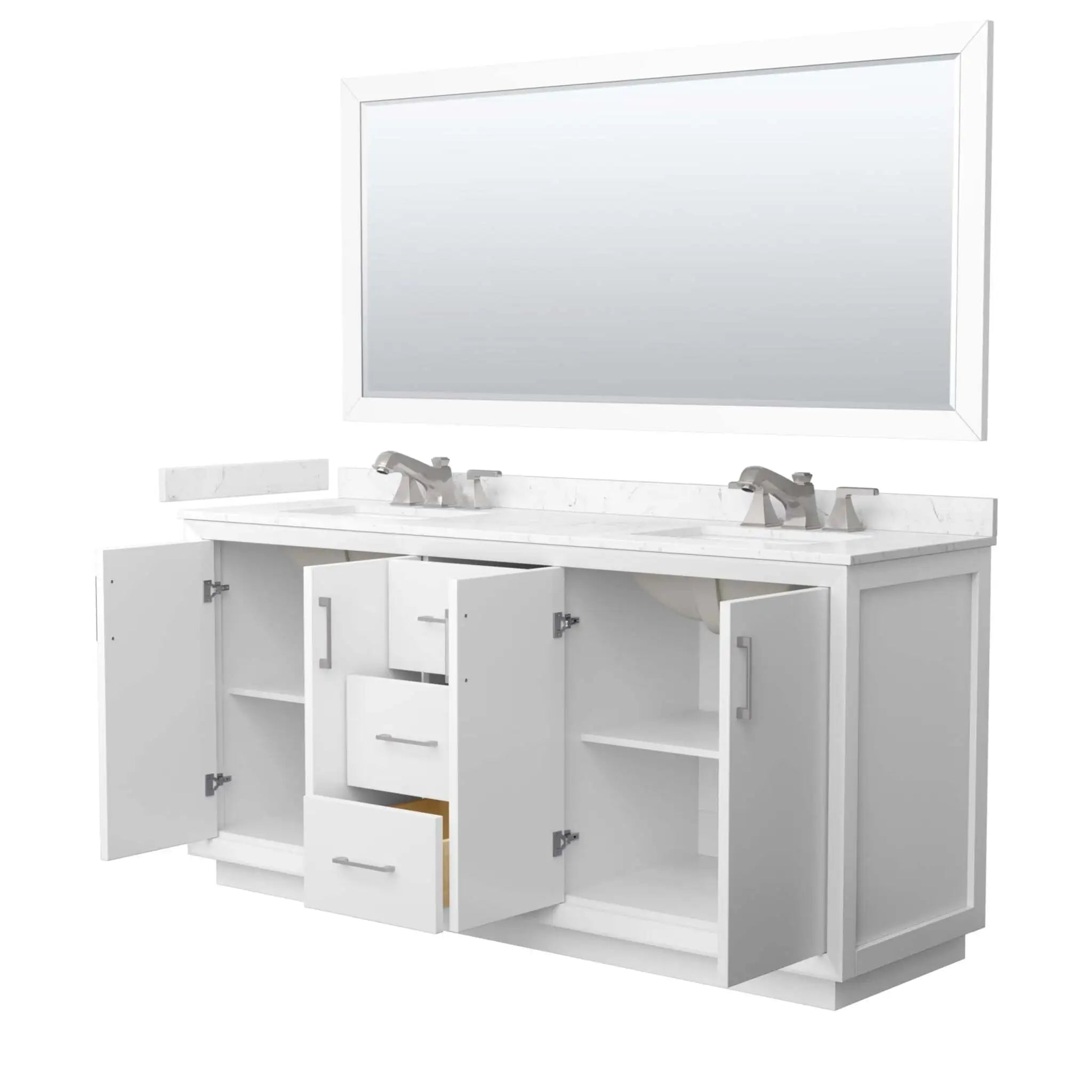 72" Strada Double Bathroom Vanity in White with Brushed Nickel Trim & 70" Mirror by Wyndham