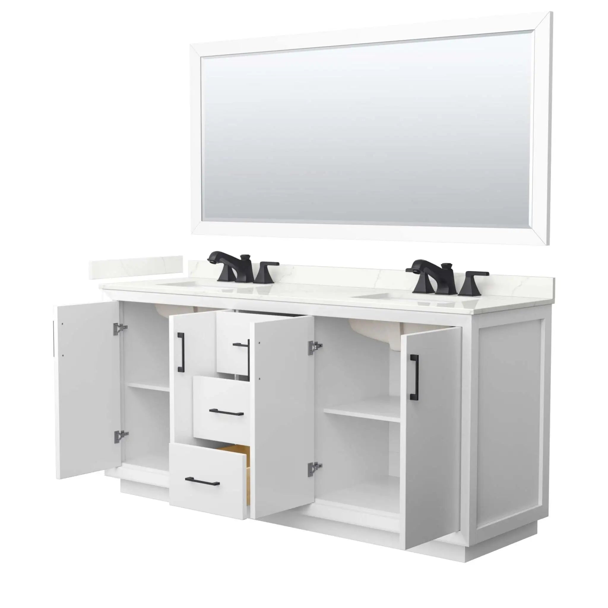 72" Strada Double Bathroom Vanity in White with Matte Black Trim & 70" Mirror by Wyndham
