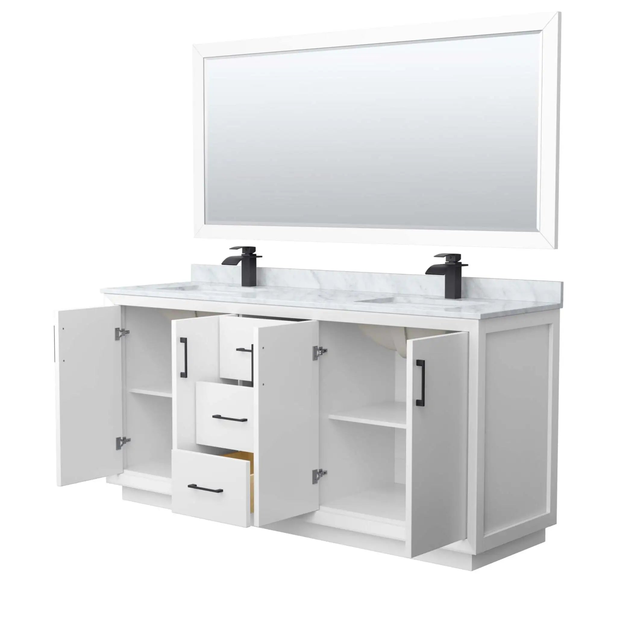 72" Strada Double Bathroom Vanity in White with Matte Black Trim & 70" Mirror by Wyndham