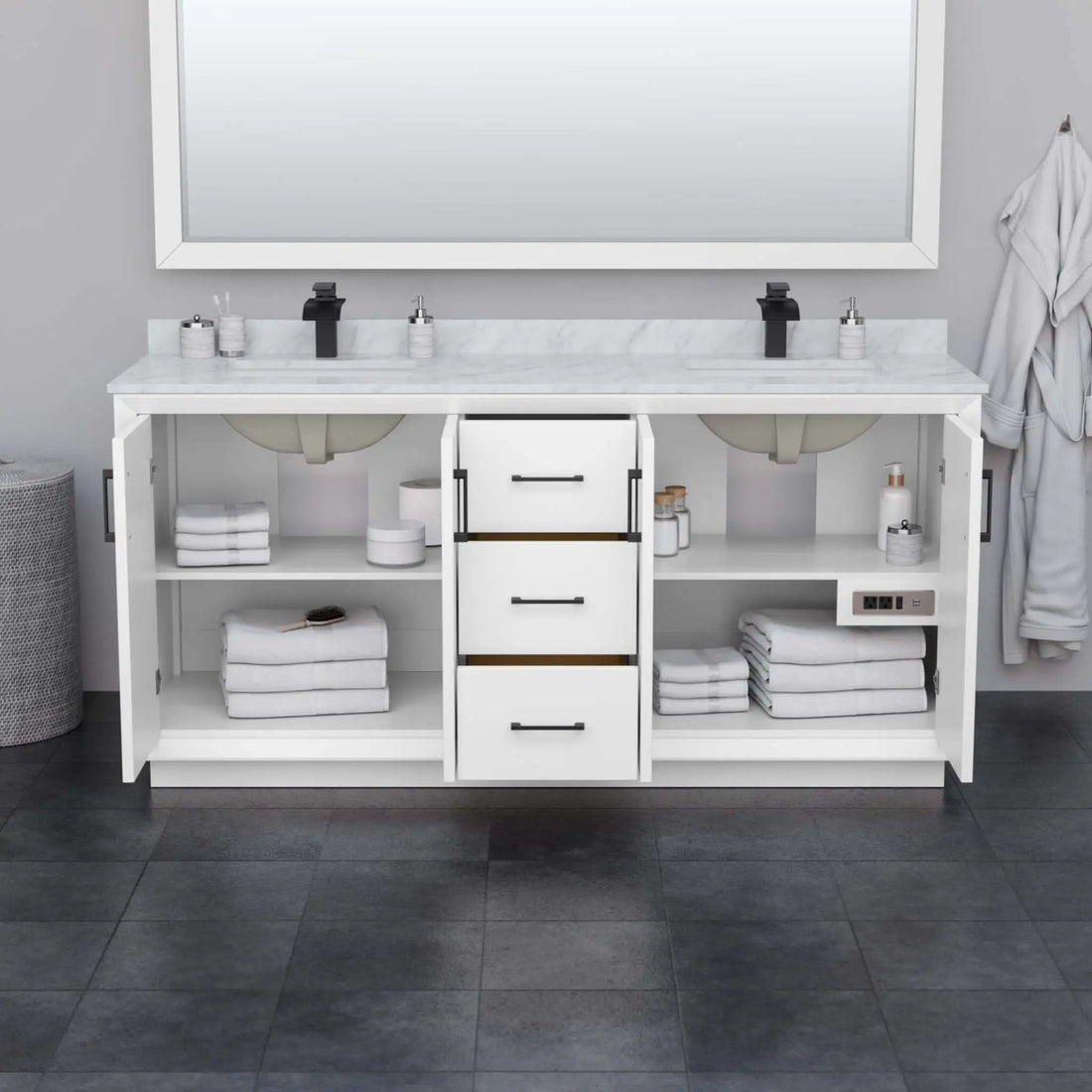72" Strada Double Bathroom Vanity in White with Matte Black Trim & 70" Mirror by Wyndham