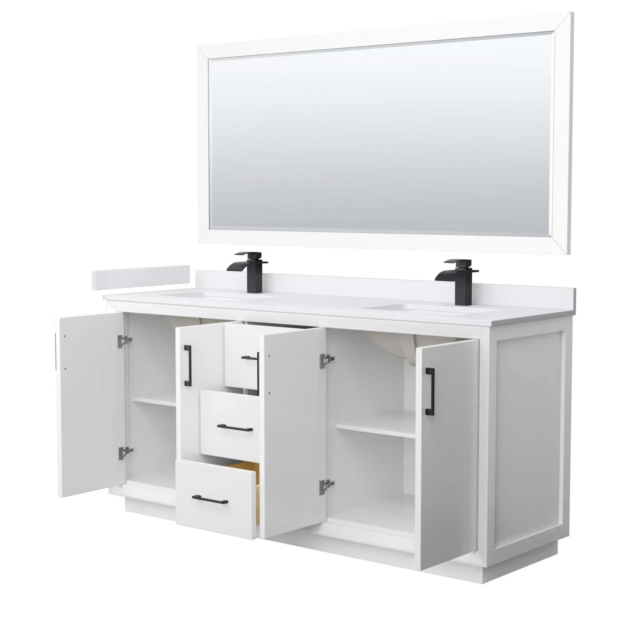 72" Strada Double Bathroom Vanity in White with Matte Black Trim & 70" Mirror by Wyndham