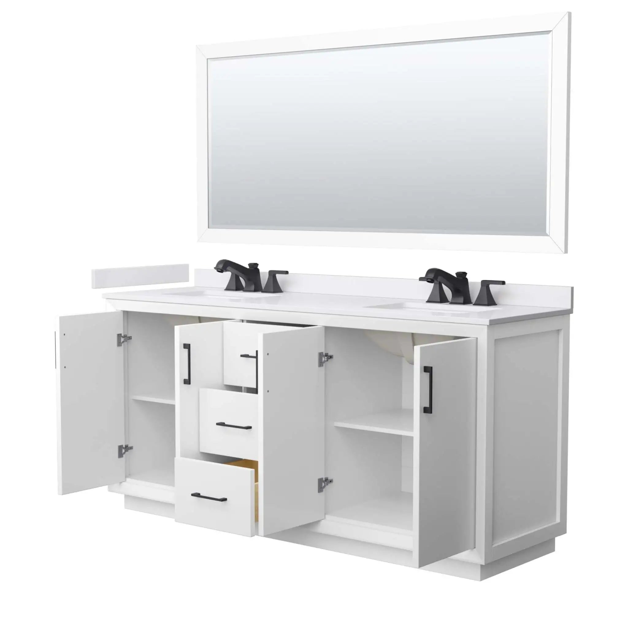 72" Strada Double Bathroom Vanity in White with Matte Black Trim & 70" Mirror by Wyndham