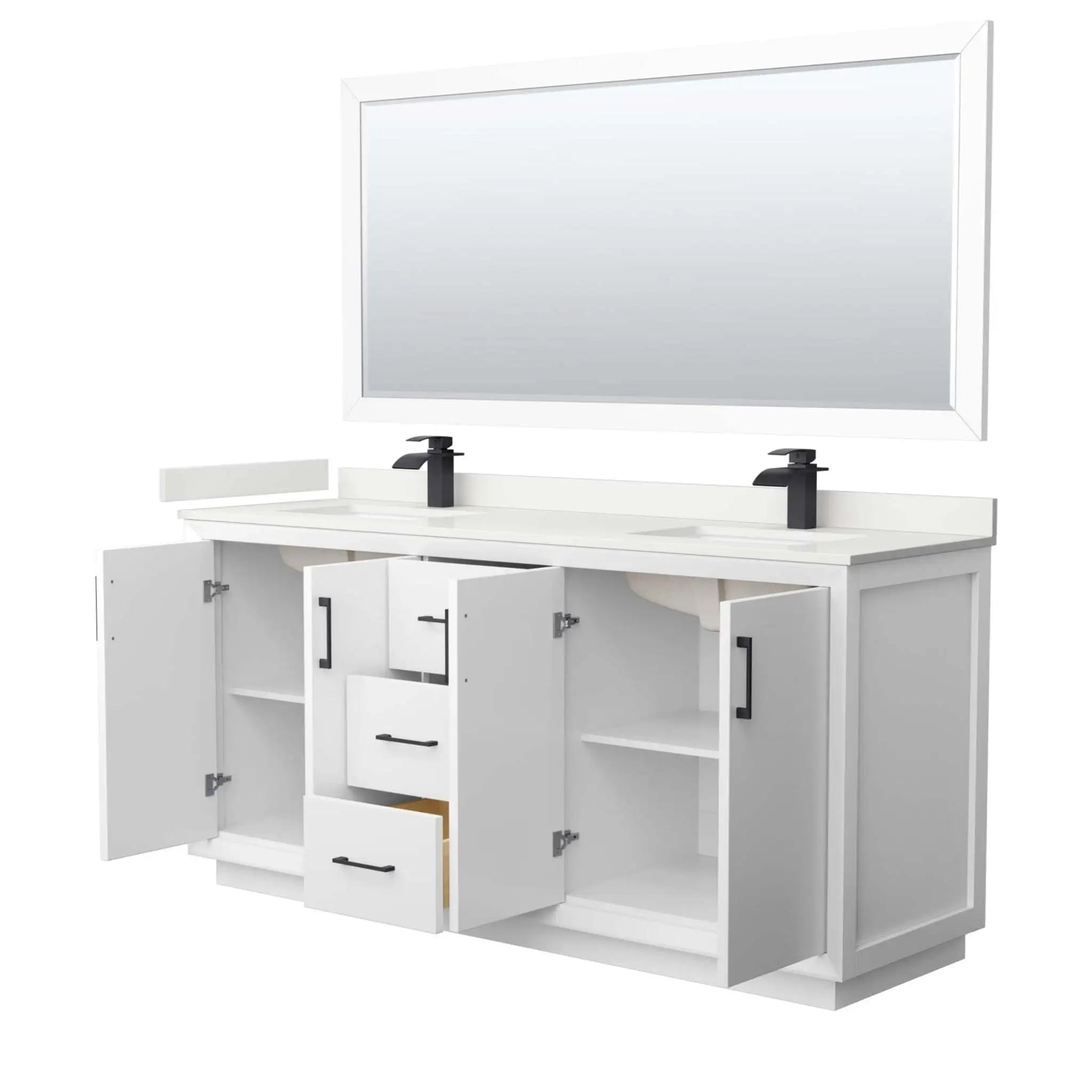 72" Strada Double Bathroom Vanity in White with Matte Black Trim & 70" Mirror by Wyndham