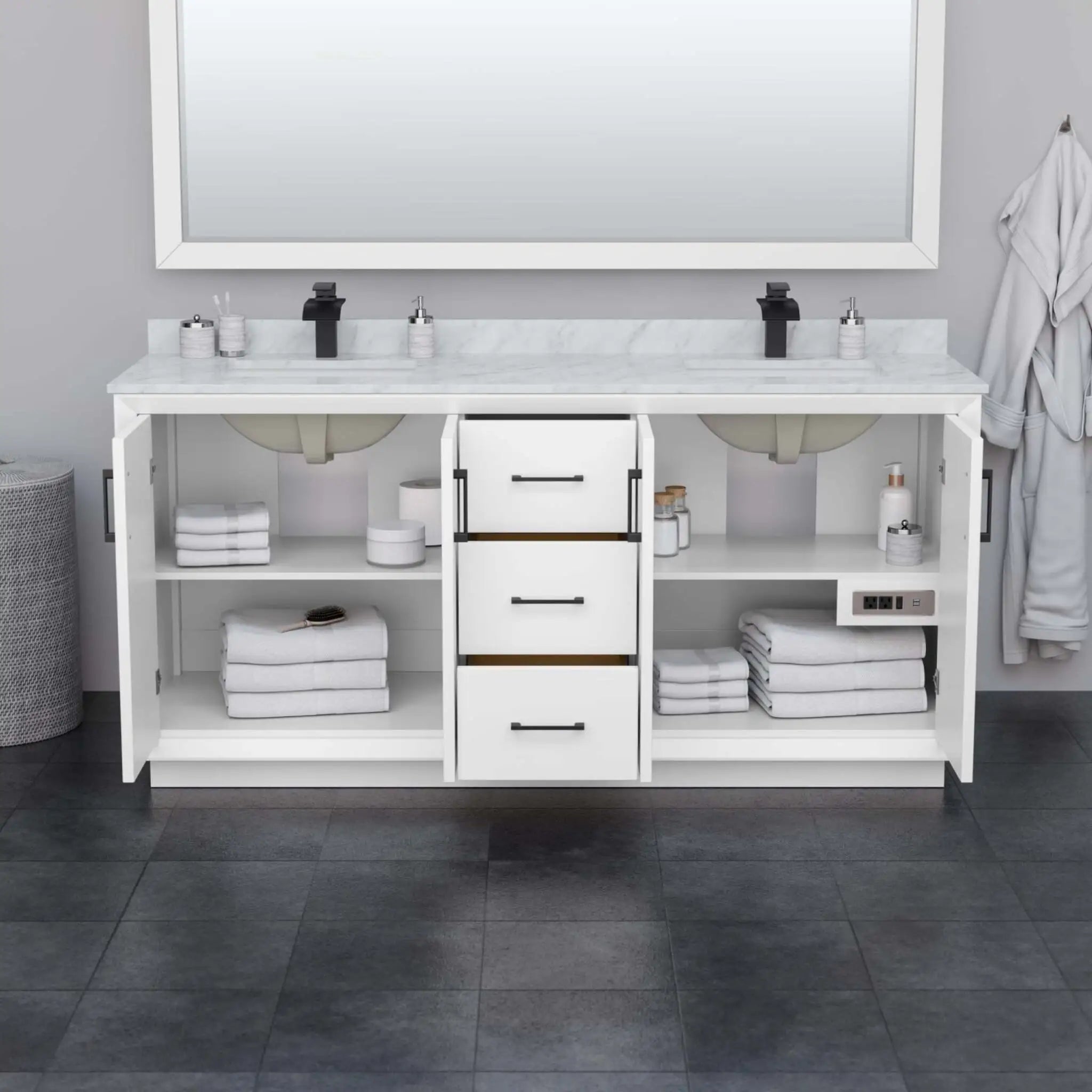 72" Strada Double Bathroom Vanity in White with Matte Black Trim by Wyndham
