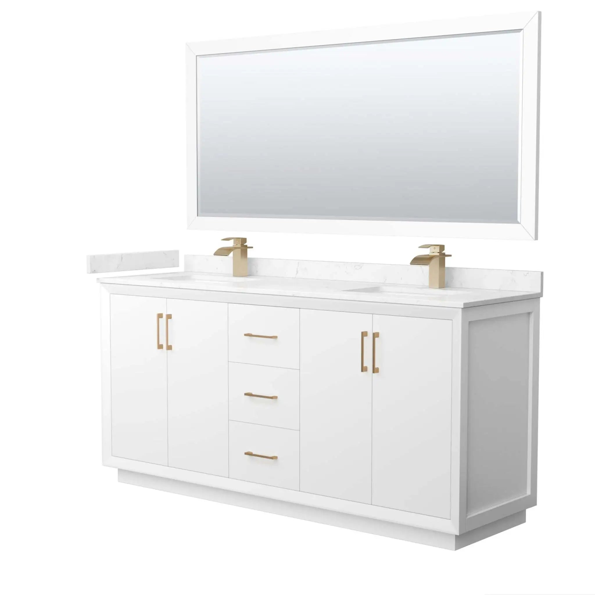 72" Strada Double Bathroom Vanity in White with Satin Bronze Trim & 70" Mirror by Wyndham