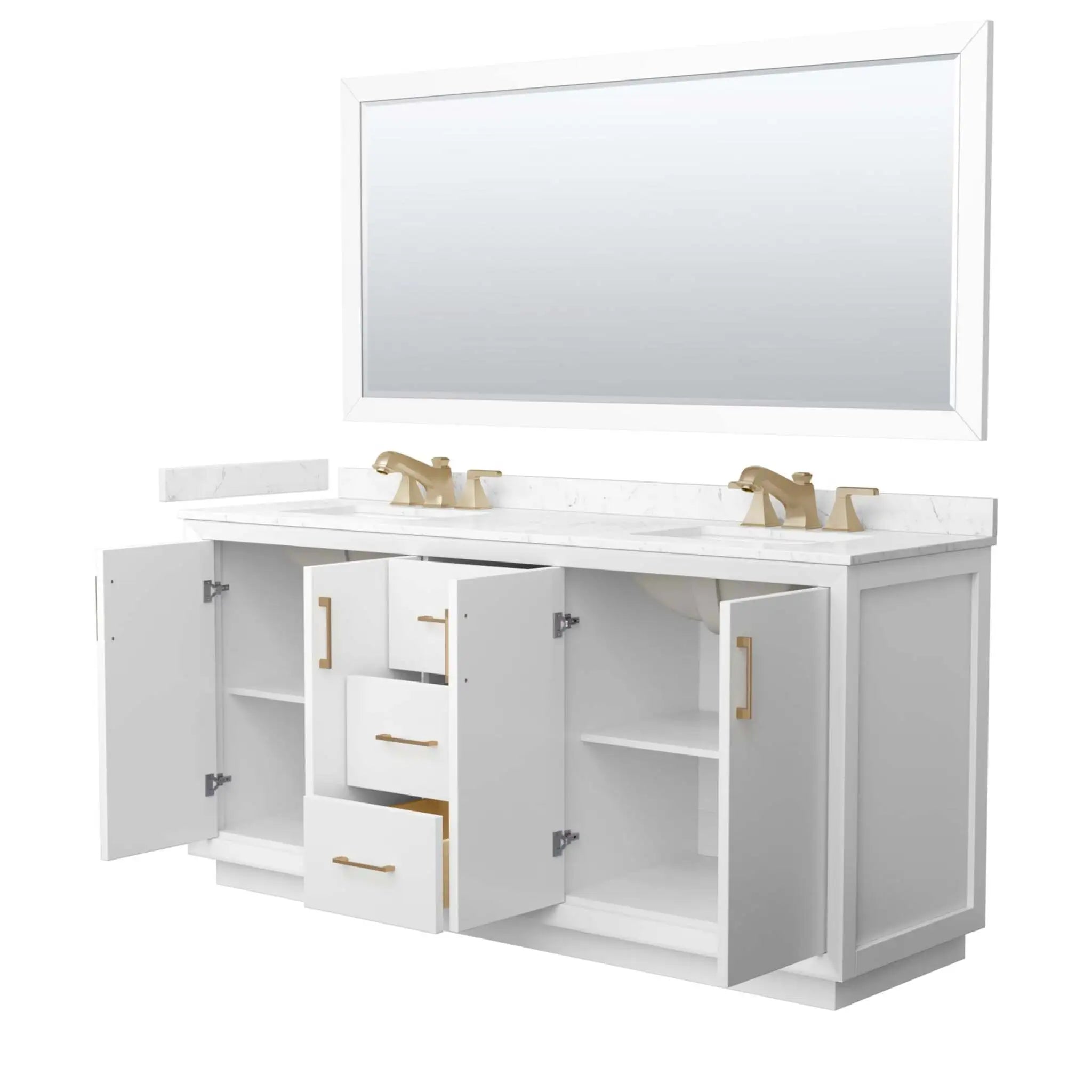 72" Strada Double Bathroom Vanity in White with Satin Bronze Trim & 70" Mirror by Wyndham
