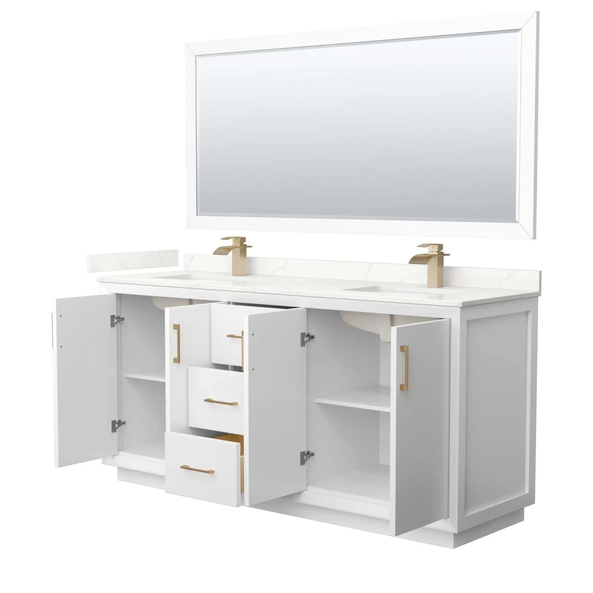 72" Strada Double Bathroom Vanity in White with Satin Bronze Trim & 70" Mirror by Wyndham