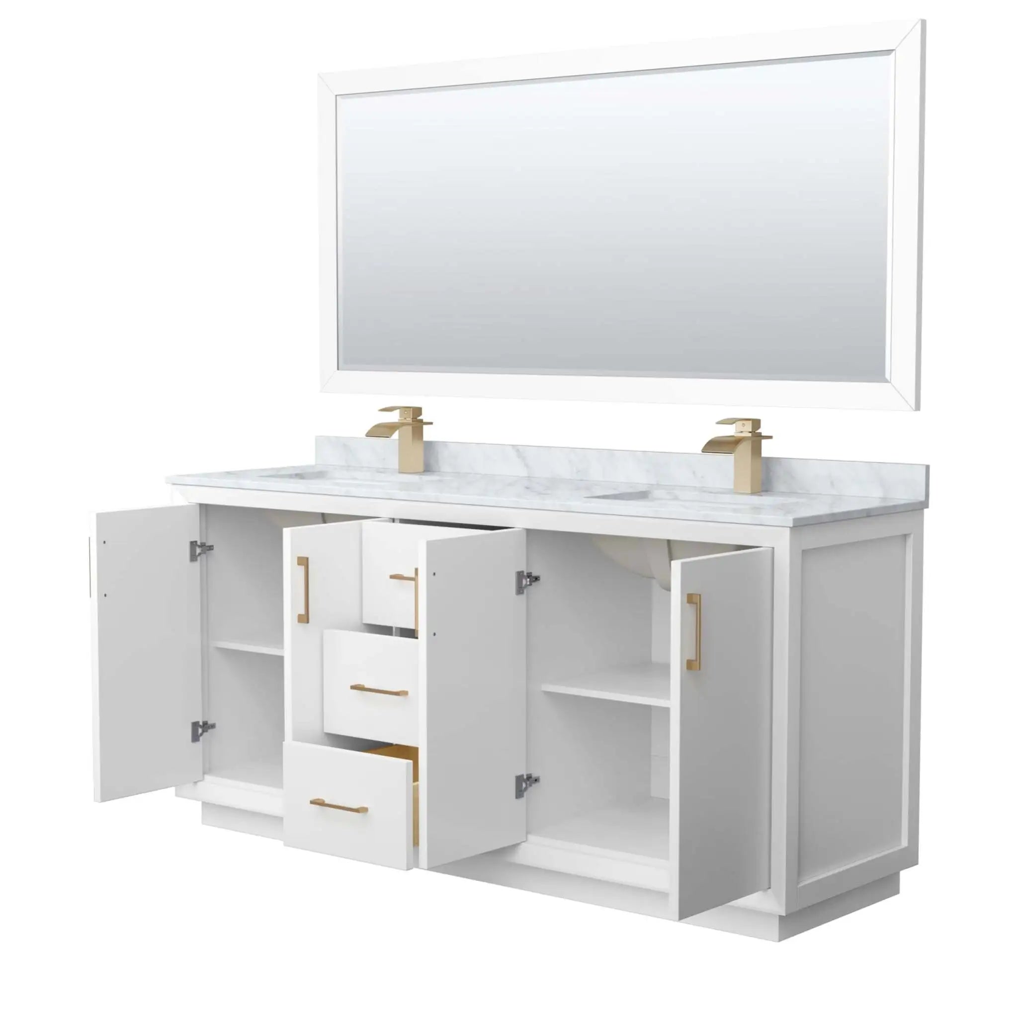 72" Strada Double Bathroom Vanity in White with Satin Bronze Trim & 70" Mirror by Wyndham