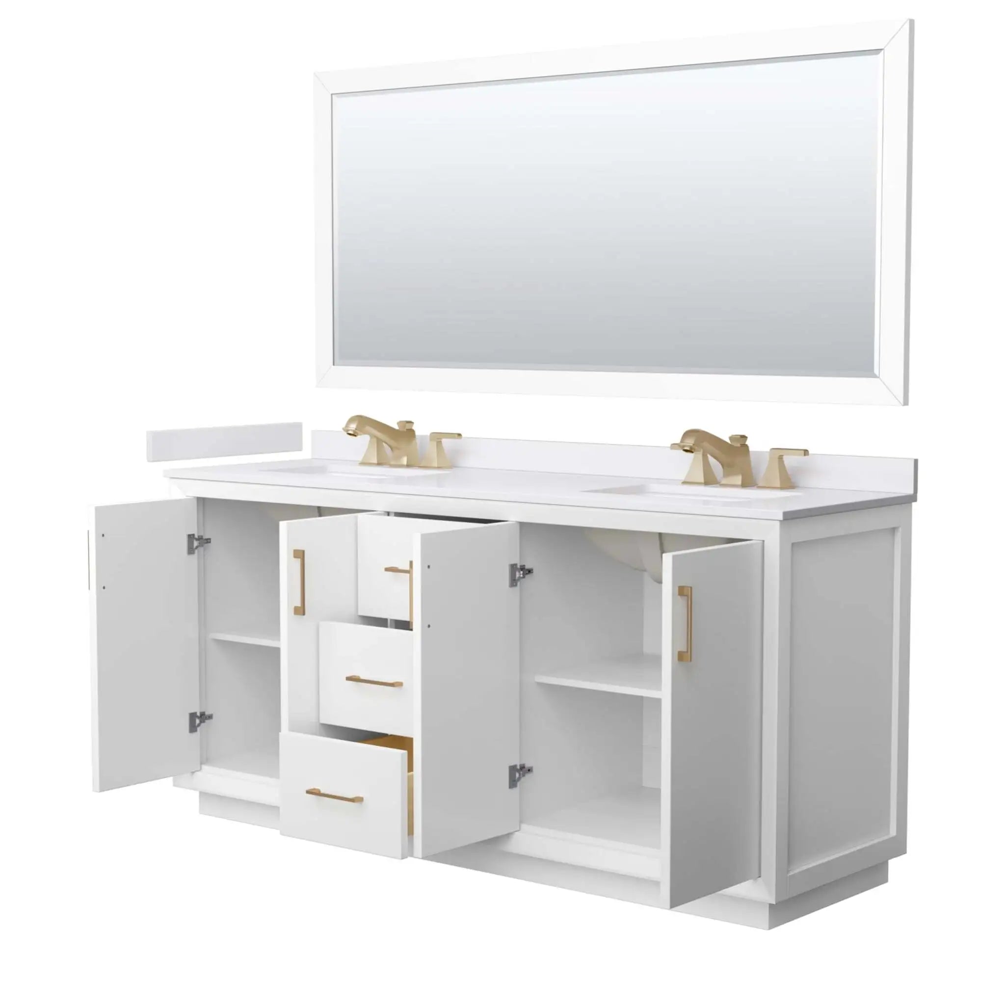 72" Strada Double Bathroom Vanity in White with Satin Bronze Trim & 70" Mirror by Wyndham
