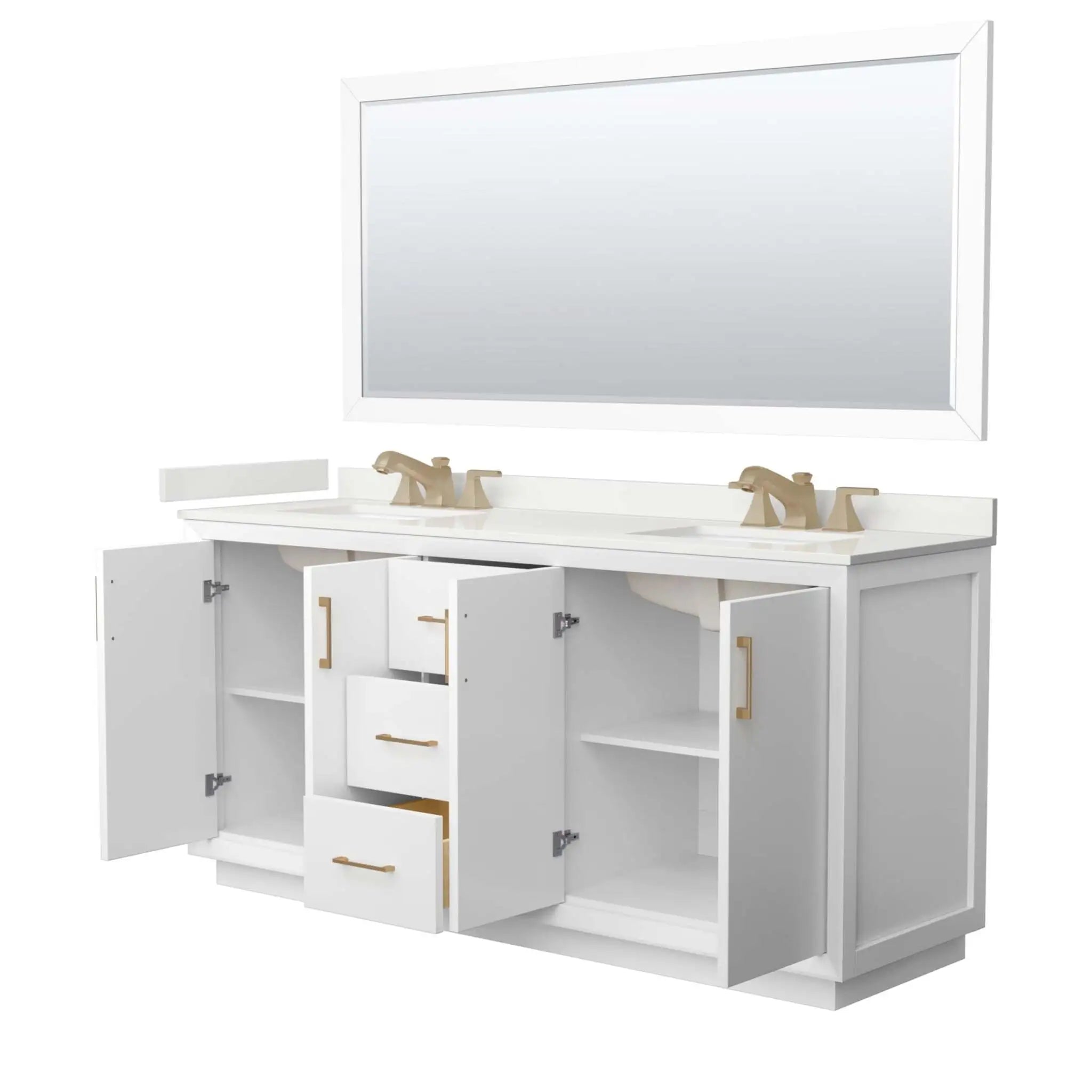 72" Strada Double Bathroom Vanity in White with Satin Bronze Trim & 70" Mirror by Wyndham