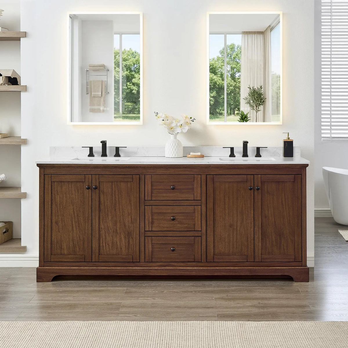 80" Avery Double Bathroom Vanity Dark Walnut Matte Black Trim by wyndham View 14