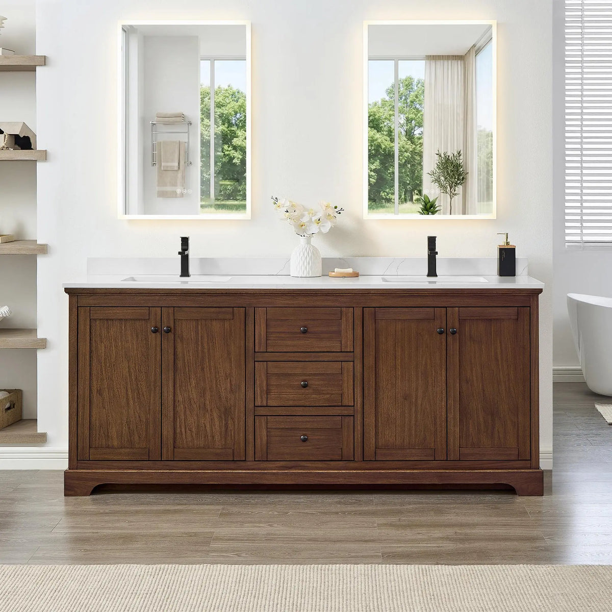 80" Avery Double Bathroom Vanity Dark Walnut Matte Black Trim by wyndham View 29