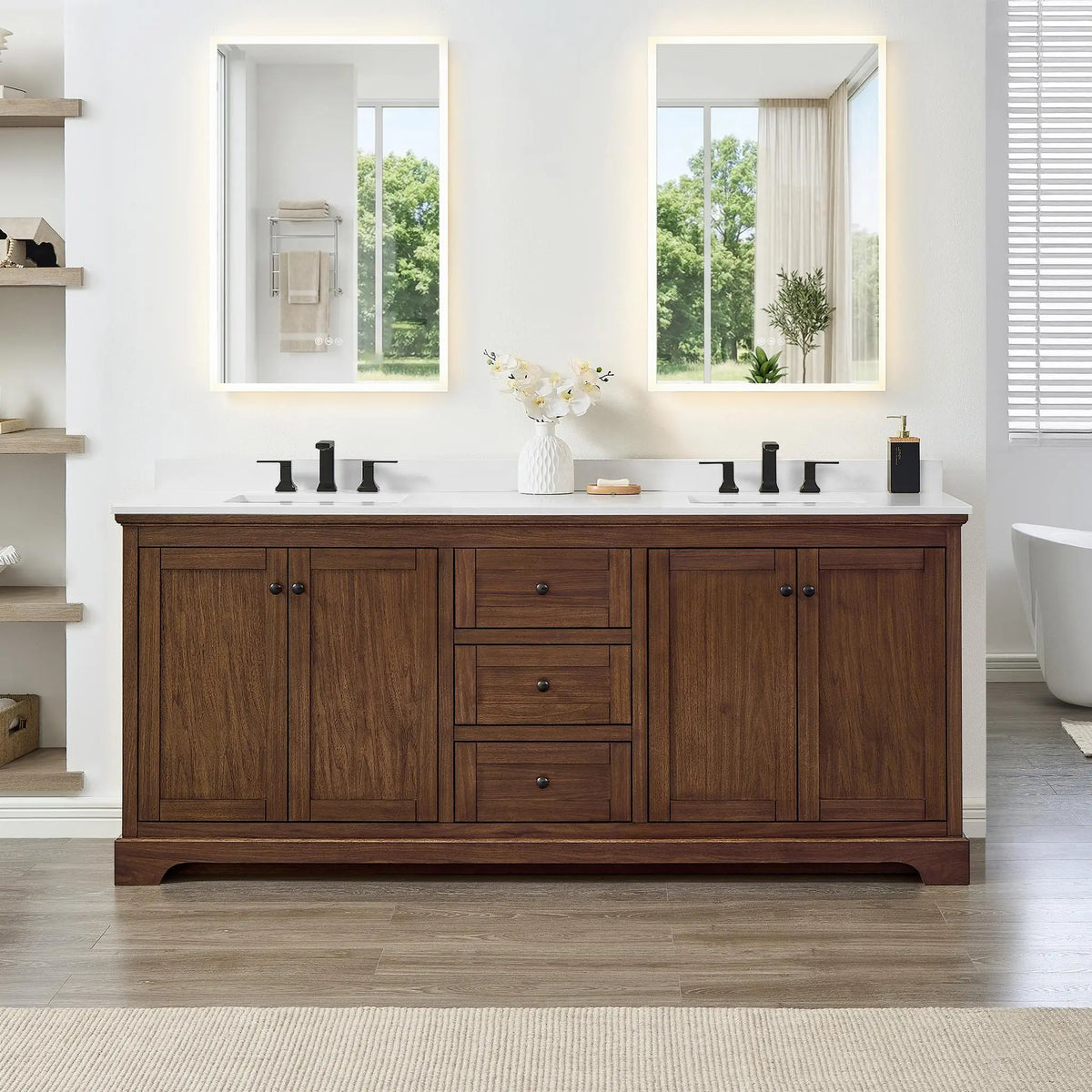 80" Avery Double Bathroom Vanity Dark Walnut Matte Black Trim by wyndham View 34