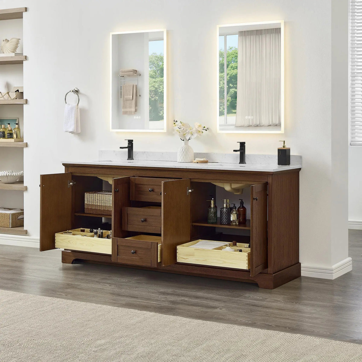 80" Avery Double Bathroom Vanity Dark Walnut Matte Black Trim by wyndham View 2