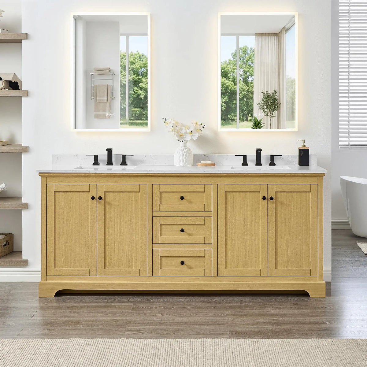 80" Avery Double Bathroom Vanity Honey Oak Matte Black Trim by wyndham View 9
