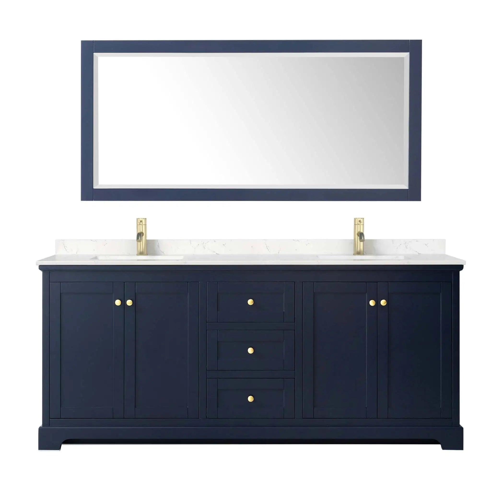 80" Avery Double Bathroom Vanity in Dark Blue with Brushed Gold Trim & 70" Mirror by Wyndham