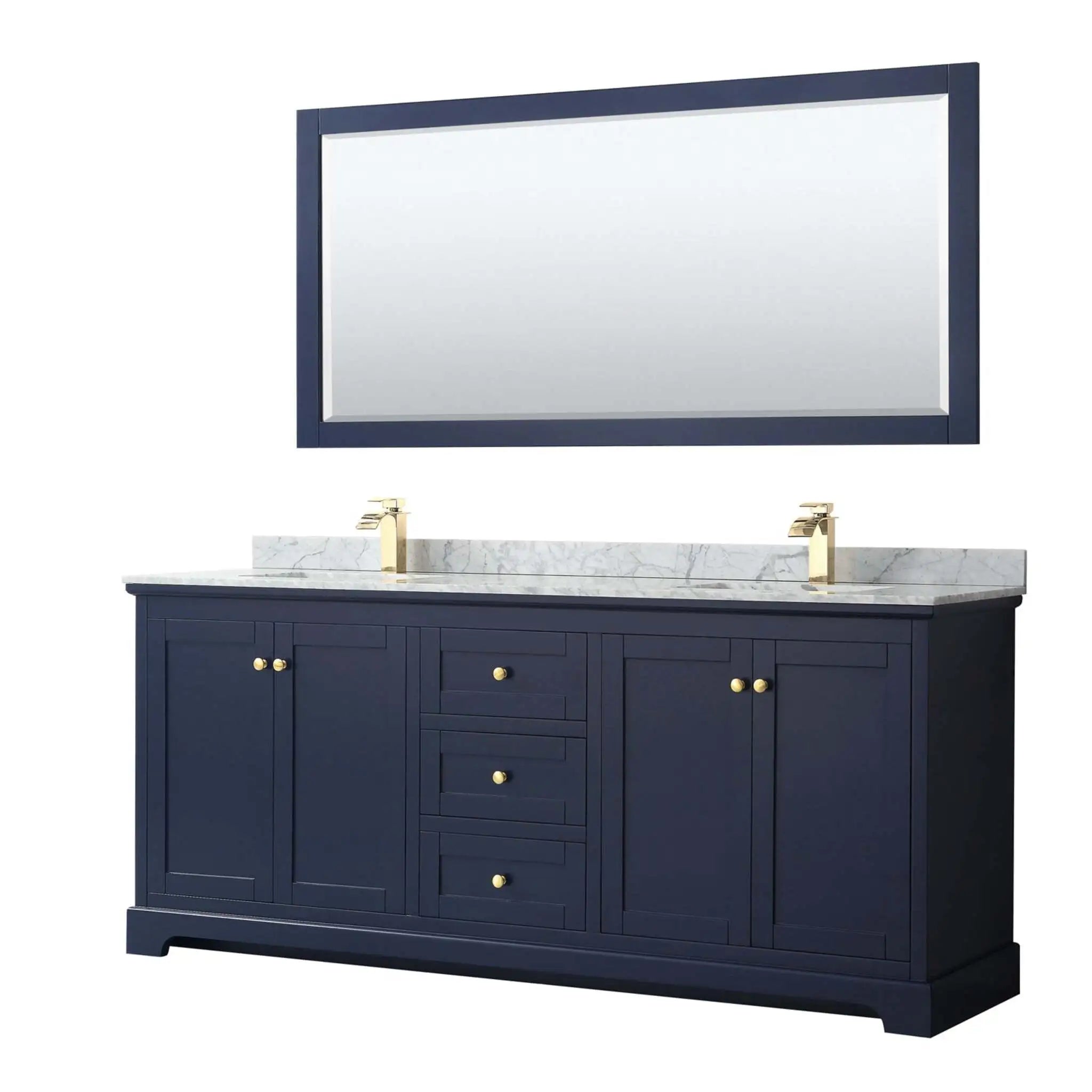 80" Avery Double Bathroom Vanity in Dark Blue with Brushed Gold Trim & 70" Mirror by Wyndham