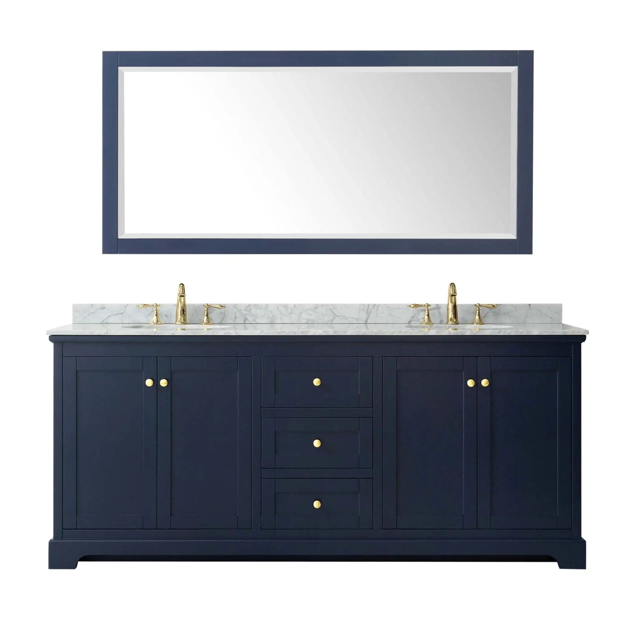 80" Avery Double Bathroom Vanity in Dark Blue with Brushed Gold Trim & 70" Mirror by Wyndham