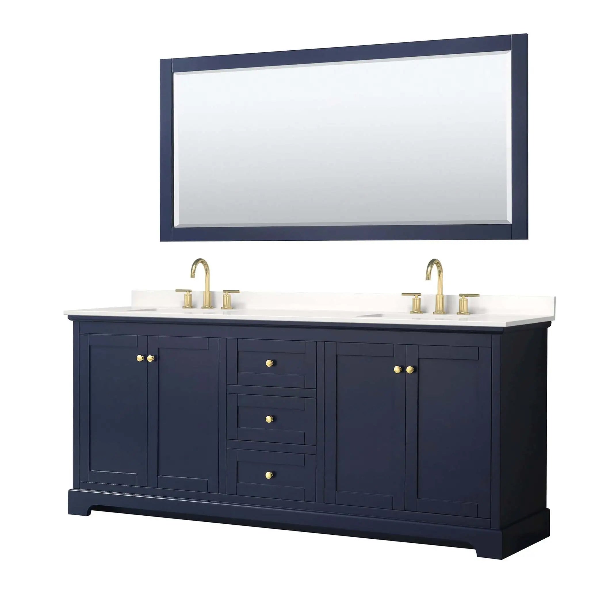 80" Avery Double Bathroom Vanity in Dark Blue with Brushed Gold Trim & 70" Mirror by Wyndham
