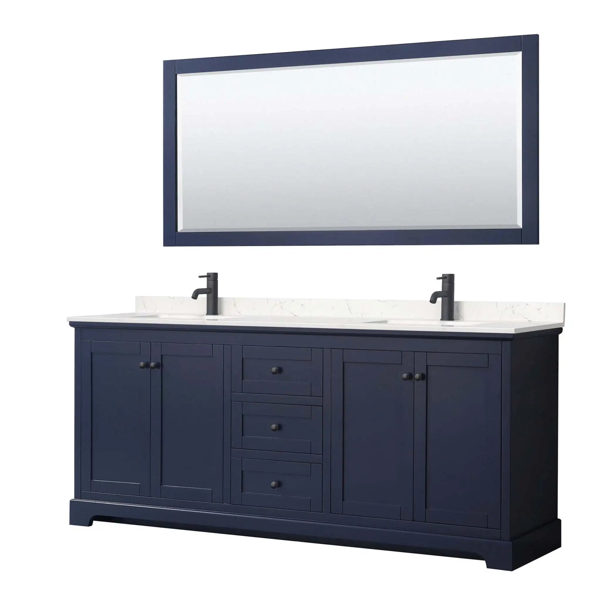 80" Avery Double Bathroom Vanity in Dark Blue with Matte Black Trim & 70" Mirror by Wyndham