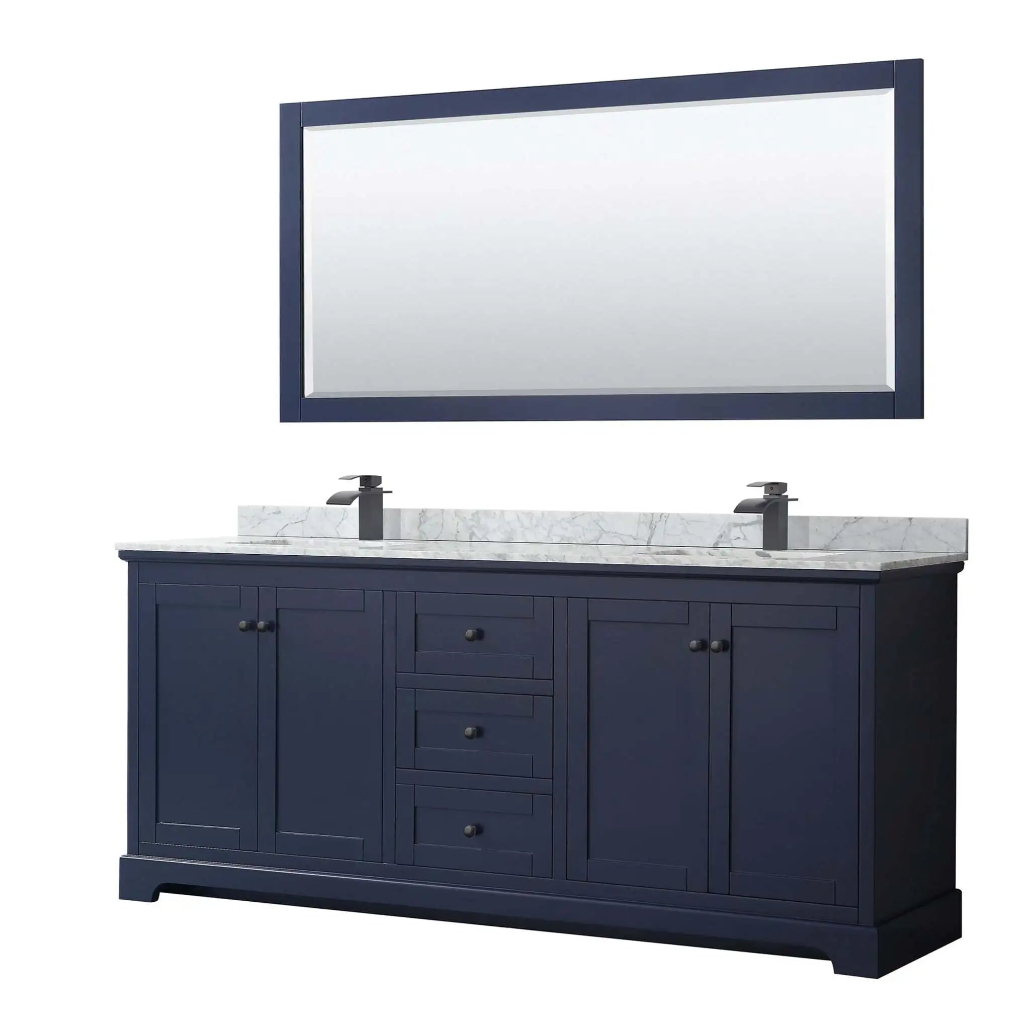 80" Avery Double Bathroom Vanity in Dark Blue with Matte Black Trim & 70" Mirror by Wyndham