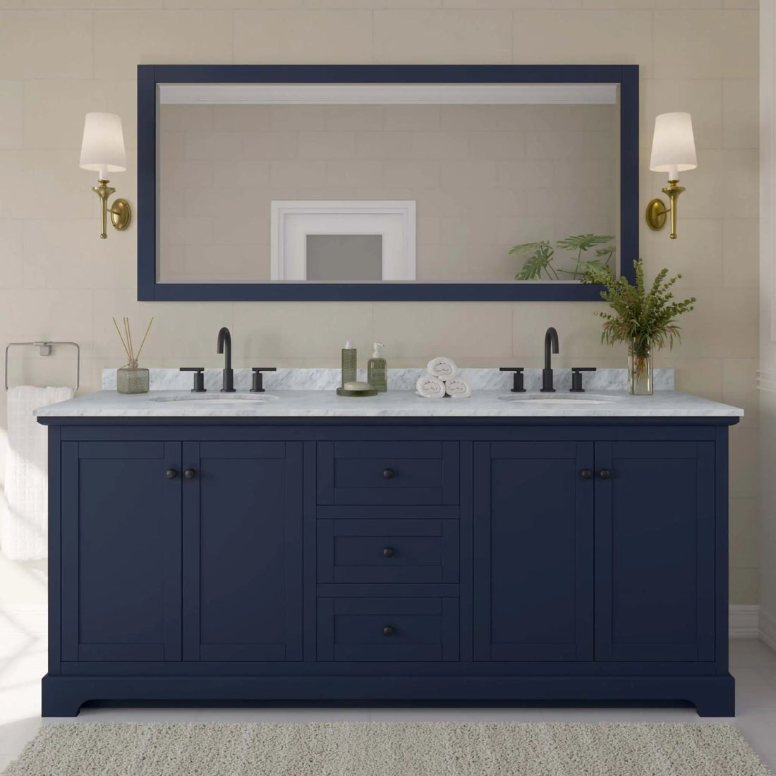 80" Avery Double Bathroom Vanity in Dark Blue with Matte Black Trim & 70" Mirror by Wyndham