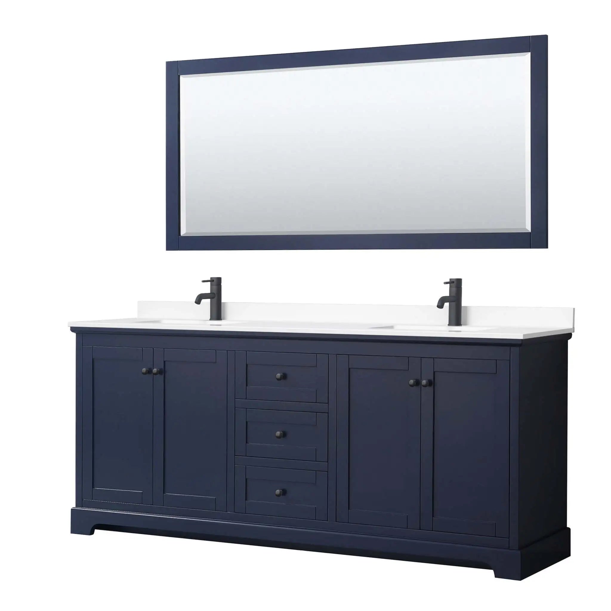 80" Avery Double Bathroom Vanity in Dark Blue with Matte Black Trim & 70" Mirror by Wyndham