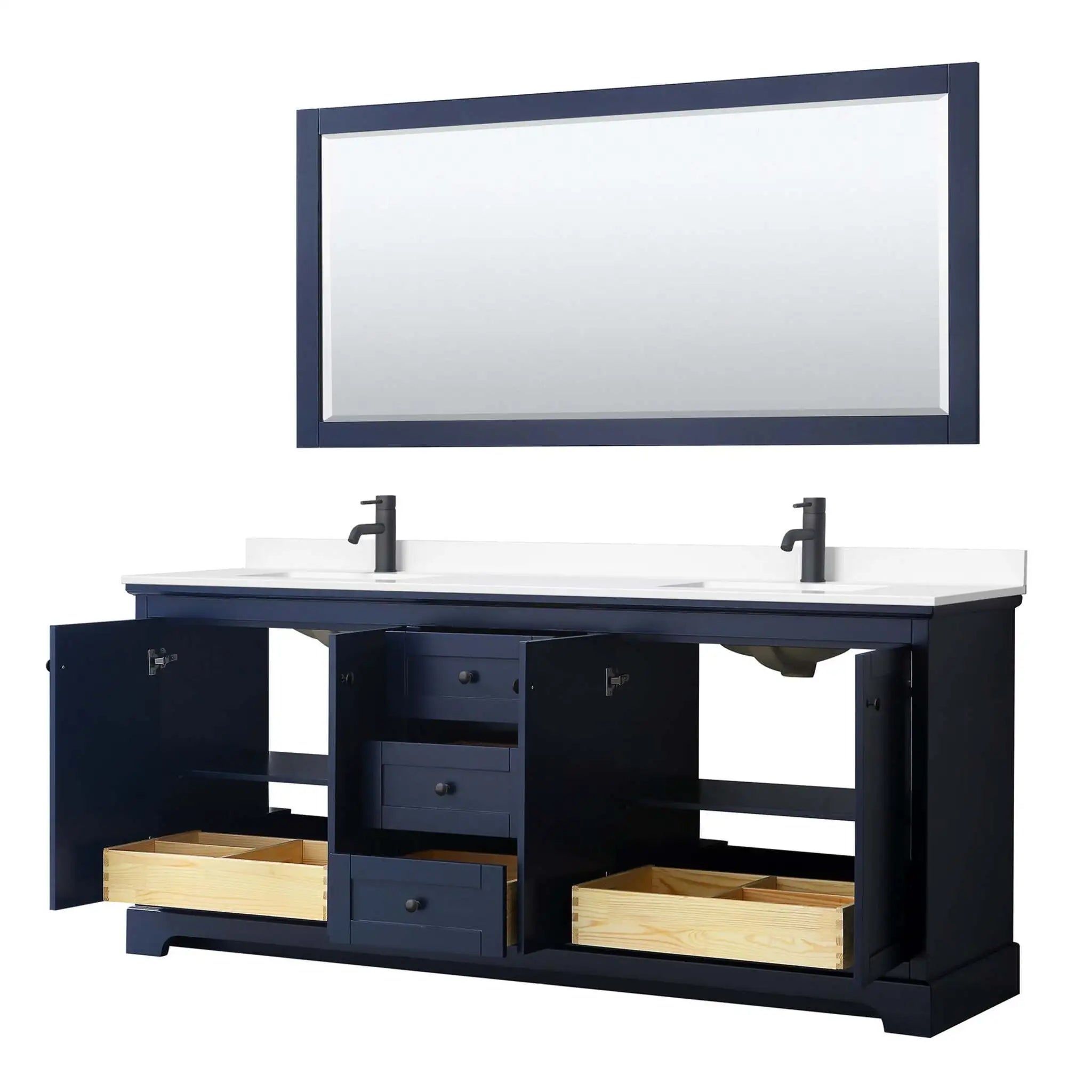 80" Avery Double Bathroom Vanity in Dark Blue with Matte Black Trim & 70" Mirror by Wyndham