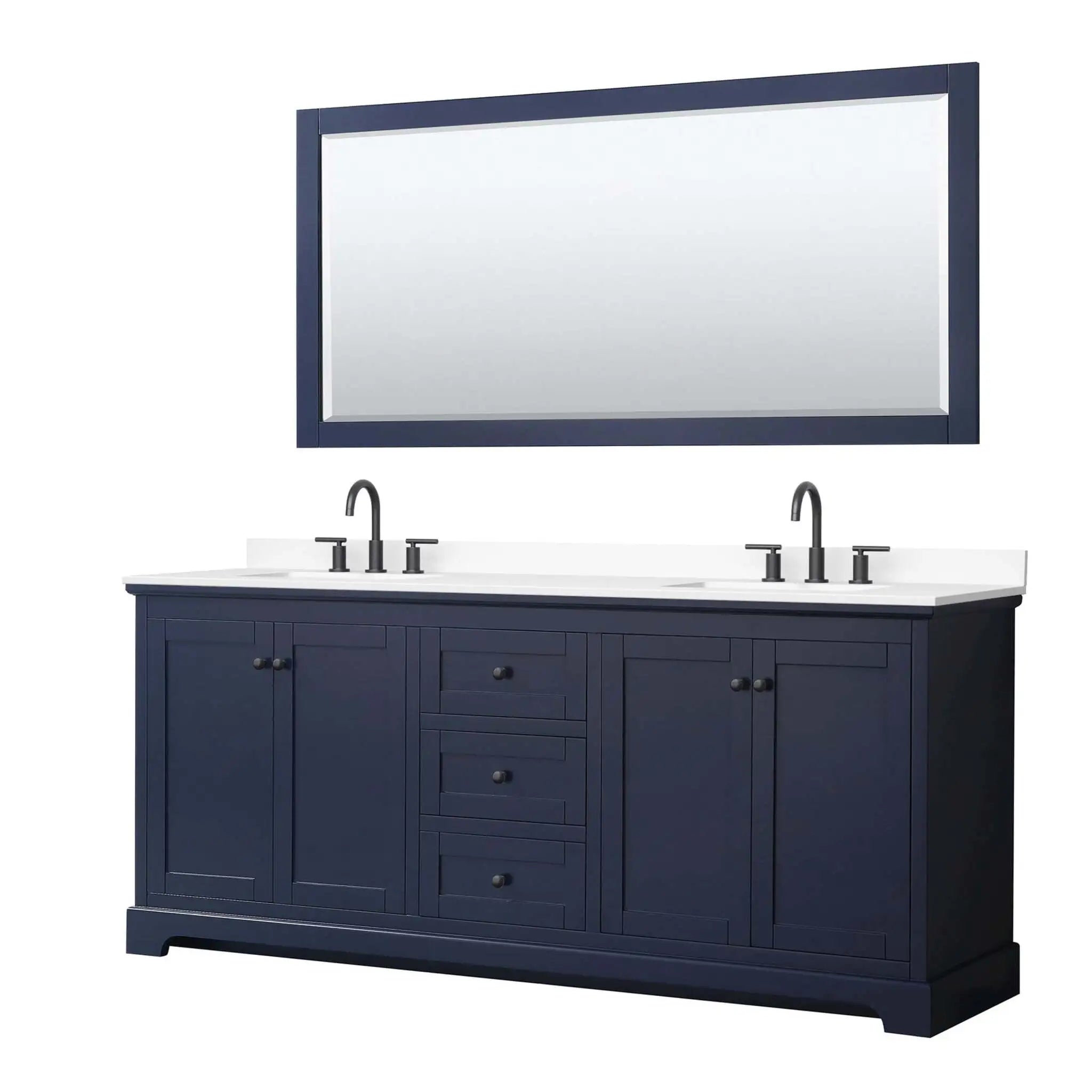 80" Avery Double Bathroom Vanity in Dark Blue with Matte Black Trim & 70" Mirror by Wyndham