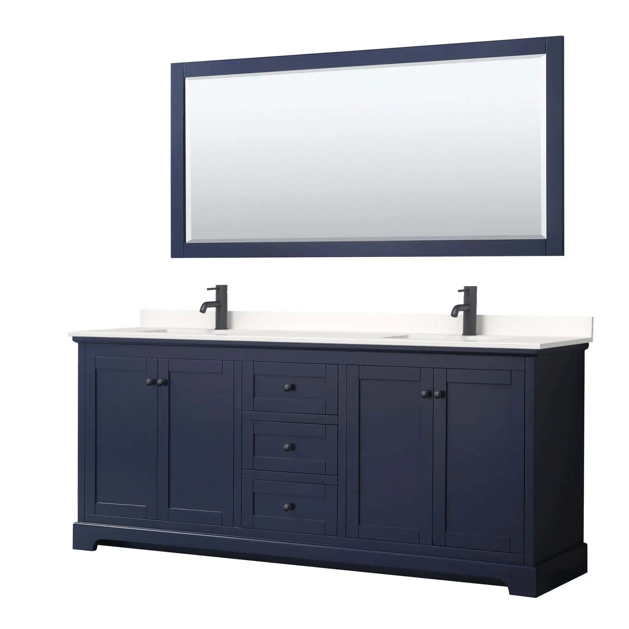 80" Avery Double Bathroom Vanity in Dark Blue with Matte Black Trim & 70" Mirror by Wyndham