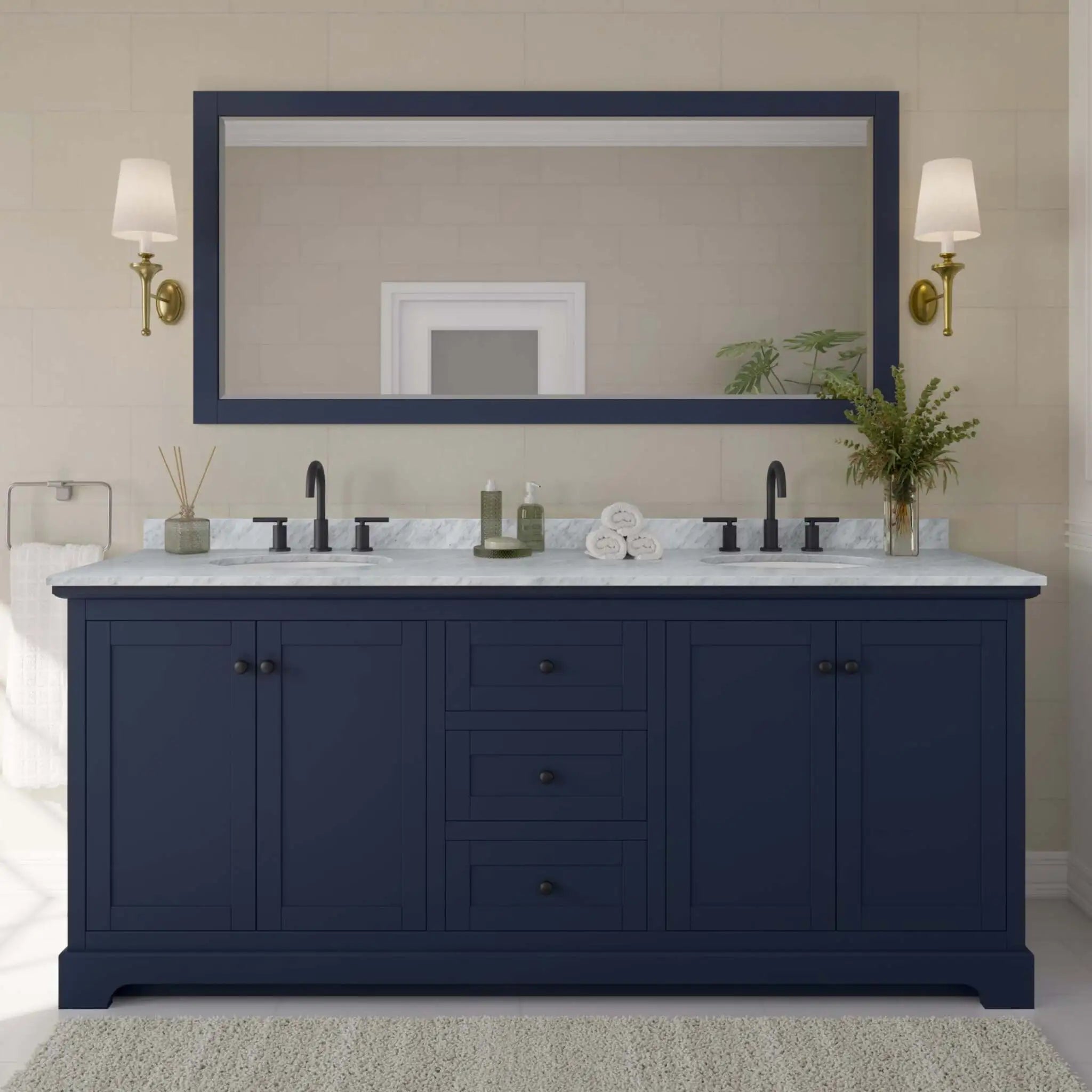 80" Avery Double Bathroom Vanity in Dark Blue with Matte Black Trim by Wyndham