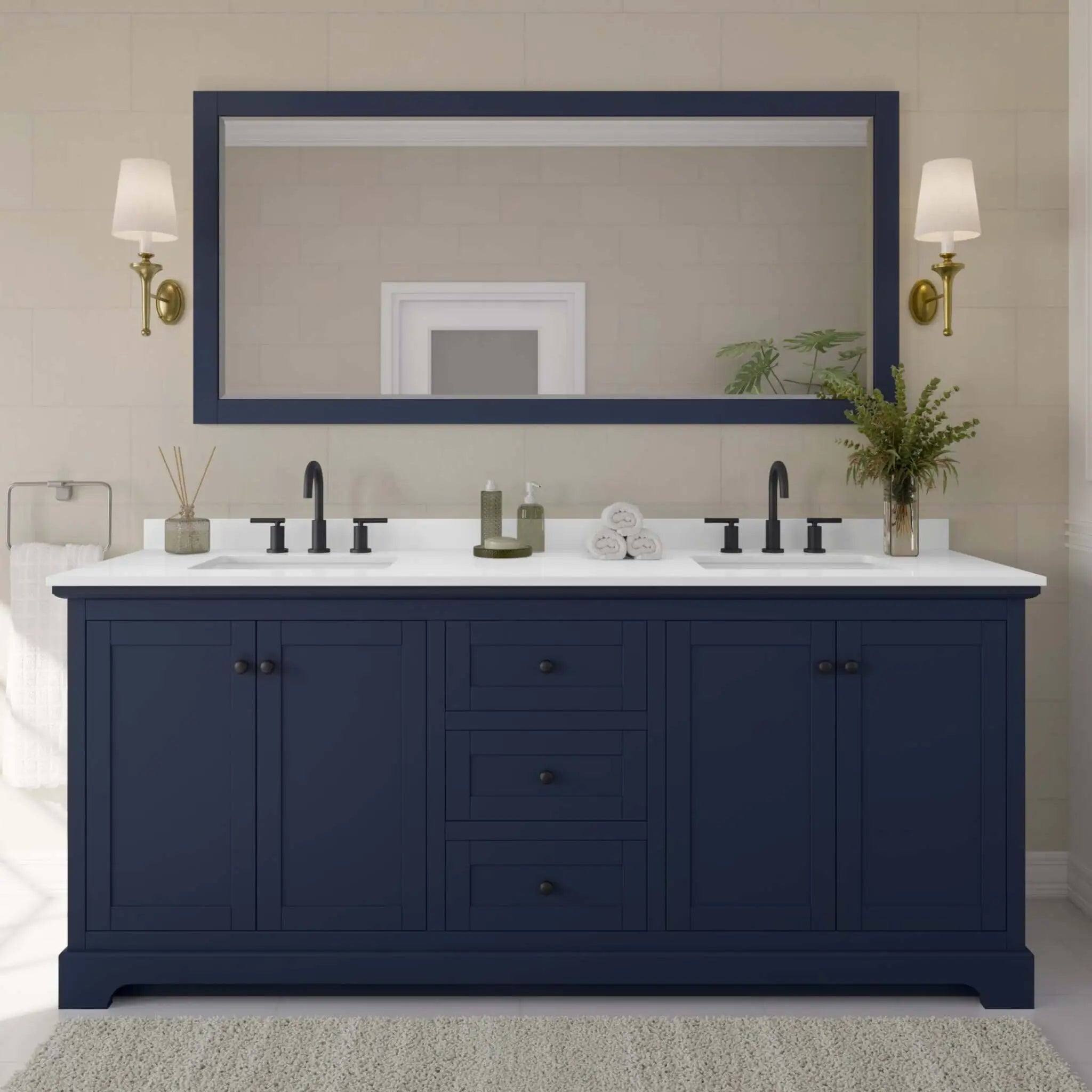80" Avery Double Bathroom Vanity in Dark Blue with Matte Black Trim by Wyndham