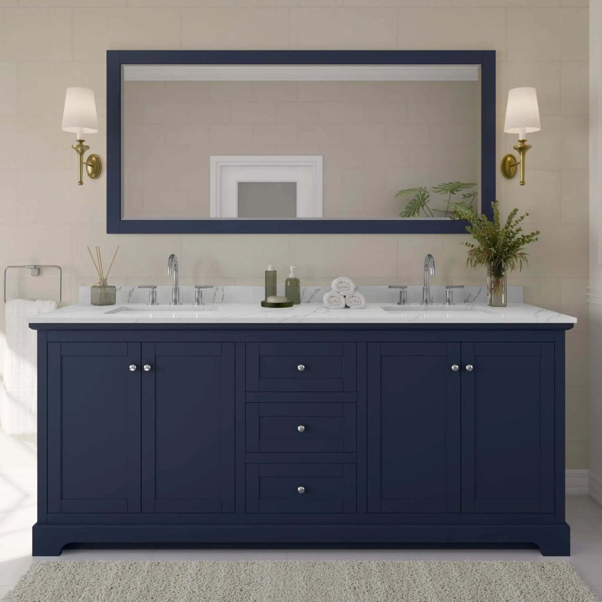 80" Avery Double Bathroom Vanity in Dark Blue with Polished Chrome Trim & 70" Mirror by Wyndham
