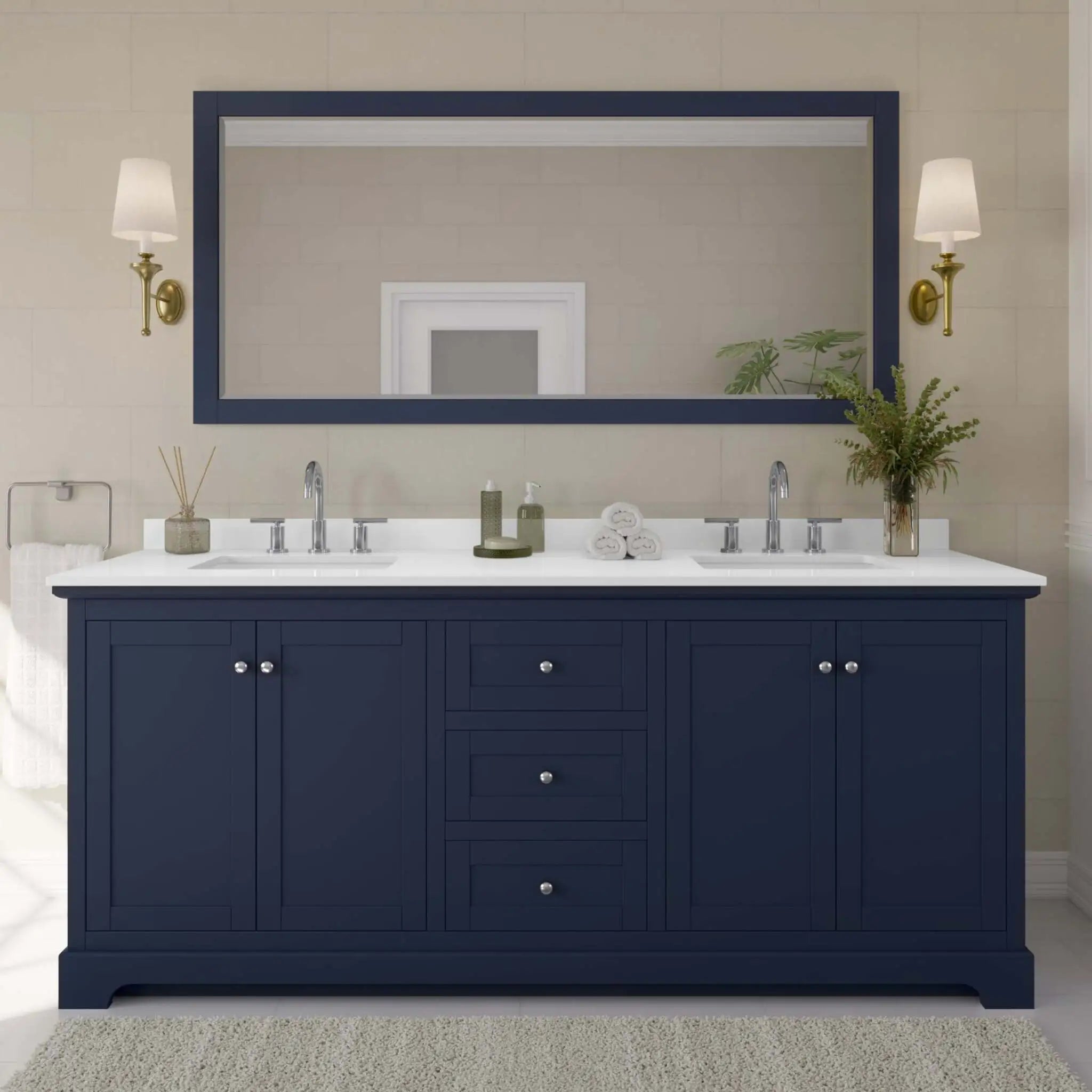 80" Avery Double Bathroom Vanity in Dark Blue with Polished Chrome Trim & 70" Mirror by Wyndham