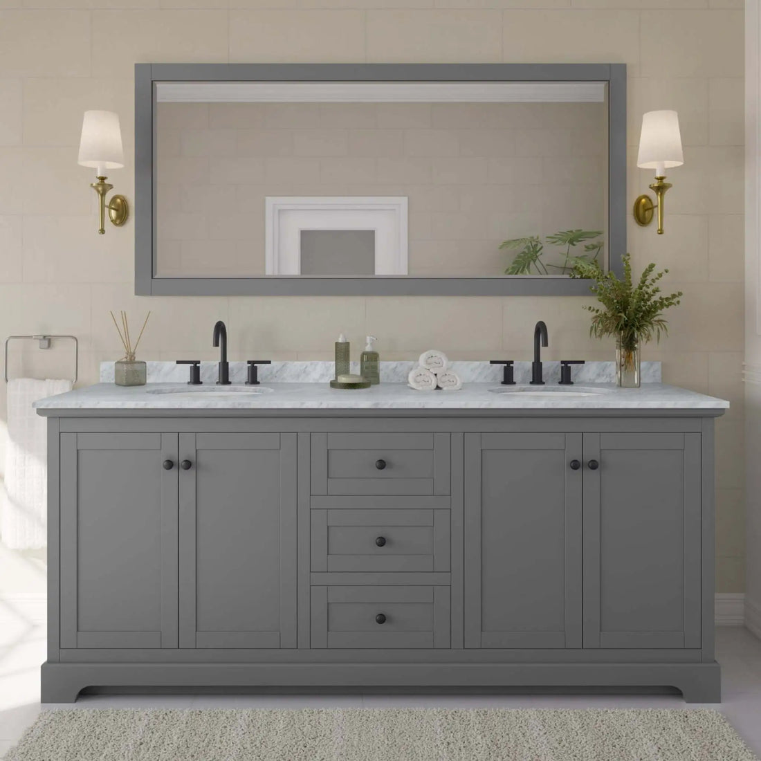 80" Avery Double Bathroom Vanity in Dark Gray with Matte Black Trim & 70" Mirror by Wyndham