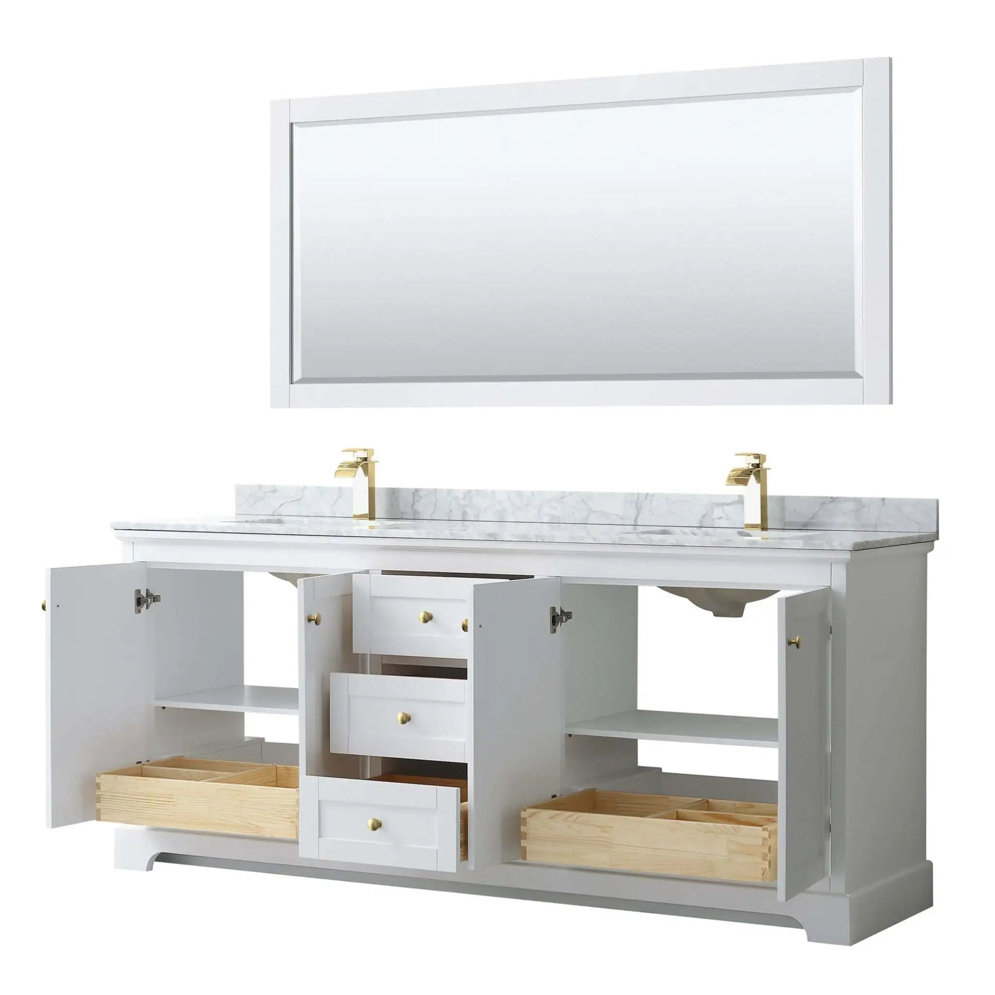 80" Avery Double Bathroom Vanity in White with Brushed Gold Trim & 70" Mirror by Wyndham