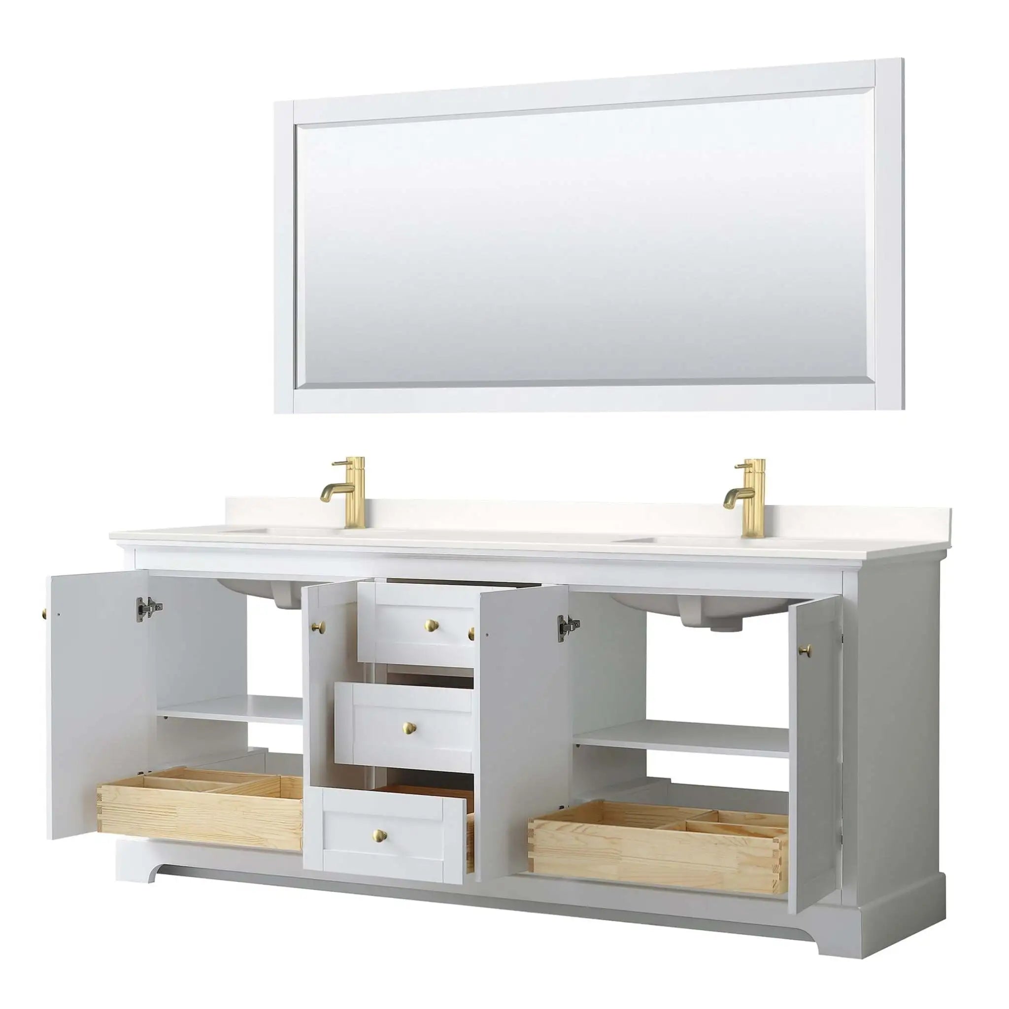 80" Avery Double Bathroom Vanity in White with Brushed Gold Trim & 70" Mirror by Wyndham