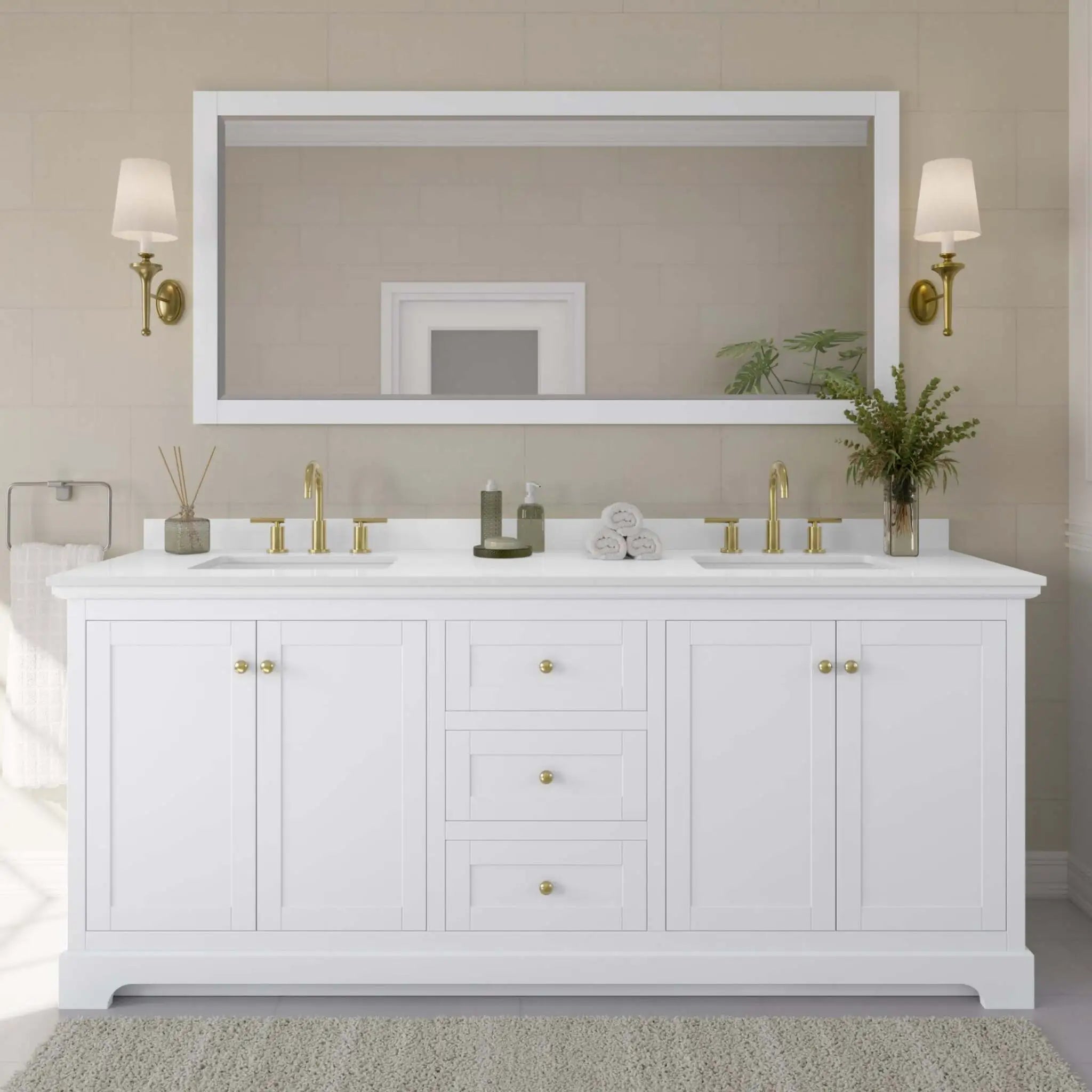 80" Avery Double Bathroom Vanity in White with Brushed Gold Trim & 70" Mirror by Wyndham