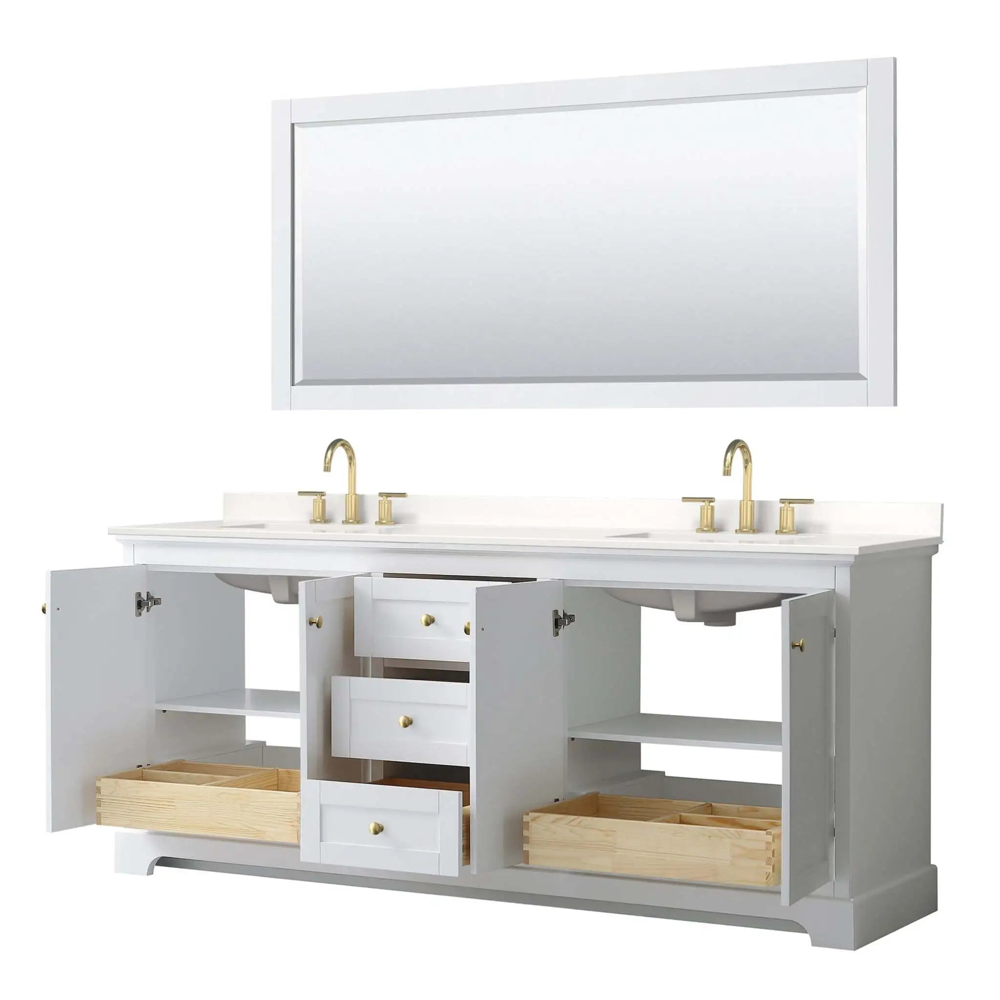 80" Avery Double Bathroom Vanity in White with Brushed Gold Trim & 70" Mirror by Wyndham