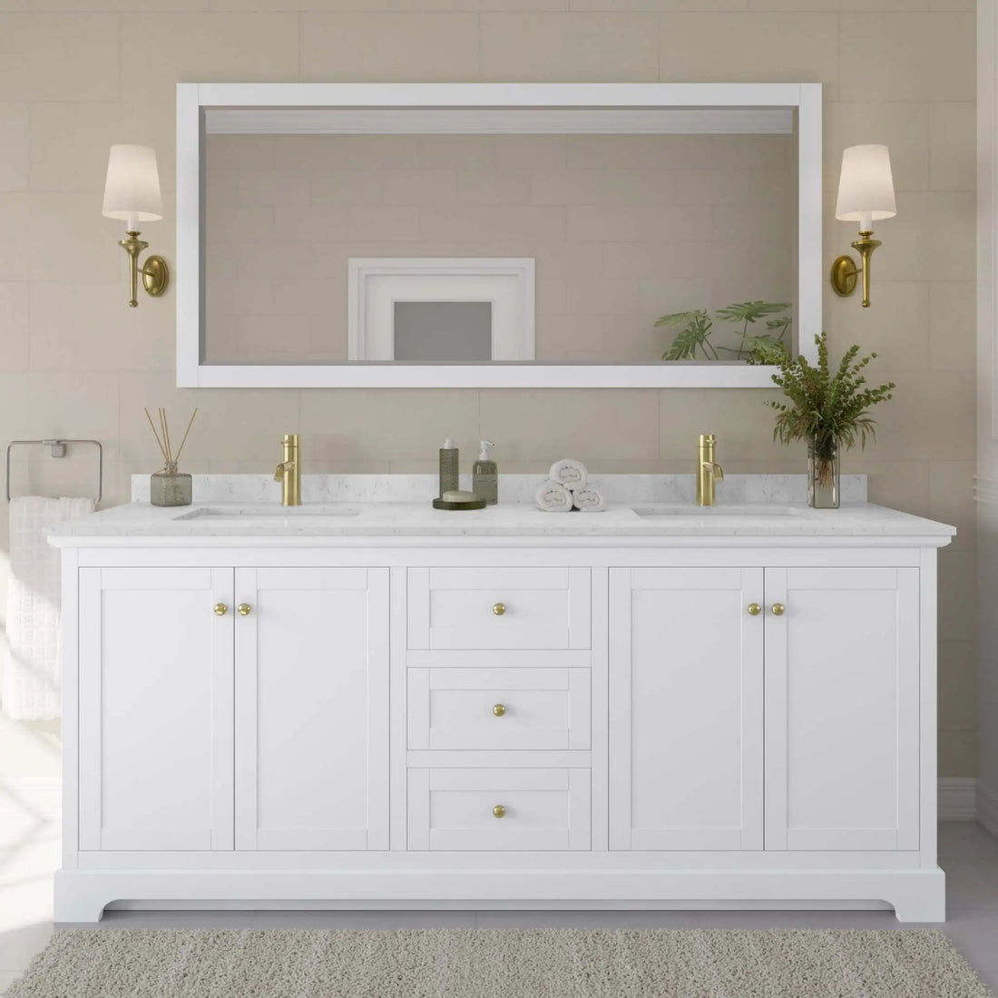 80" Avery Double Bathroom Vanity in White with Brushed Gold Trim by Wyndham
