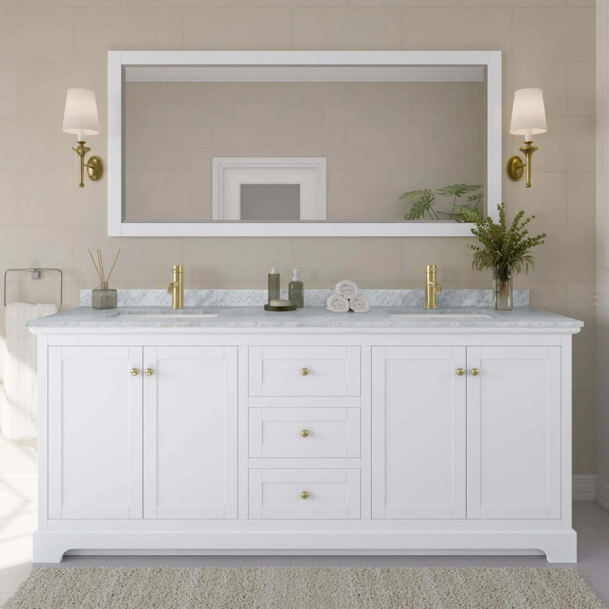 80" Avery Double Bathroom Vanity in White with Brushed Gold Trim by Wyndham