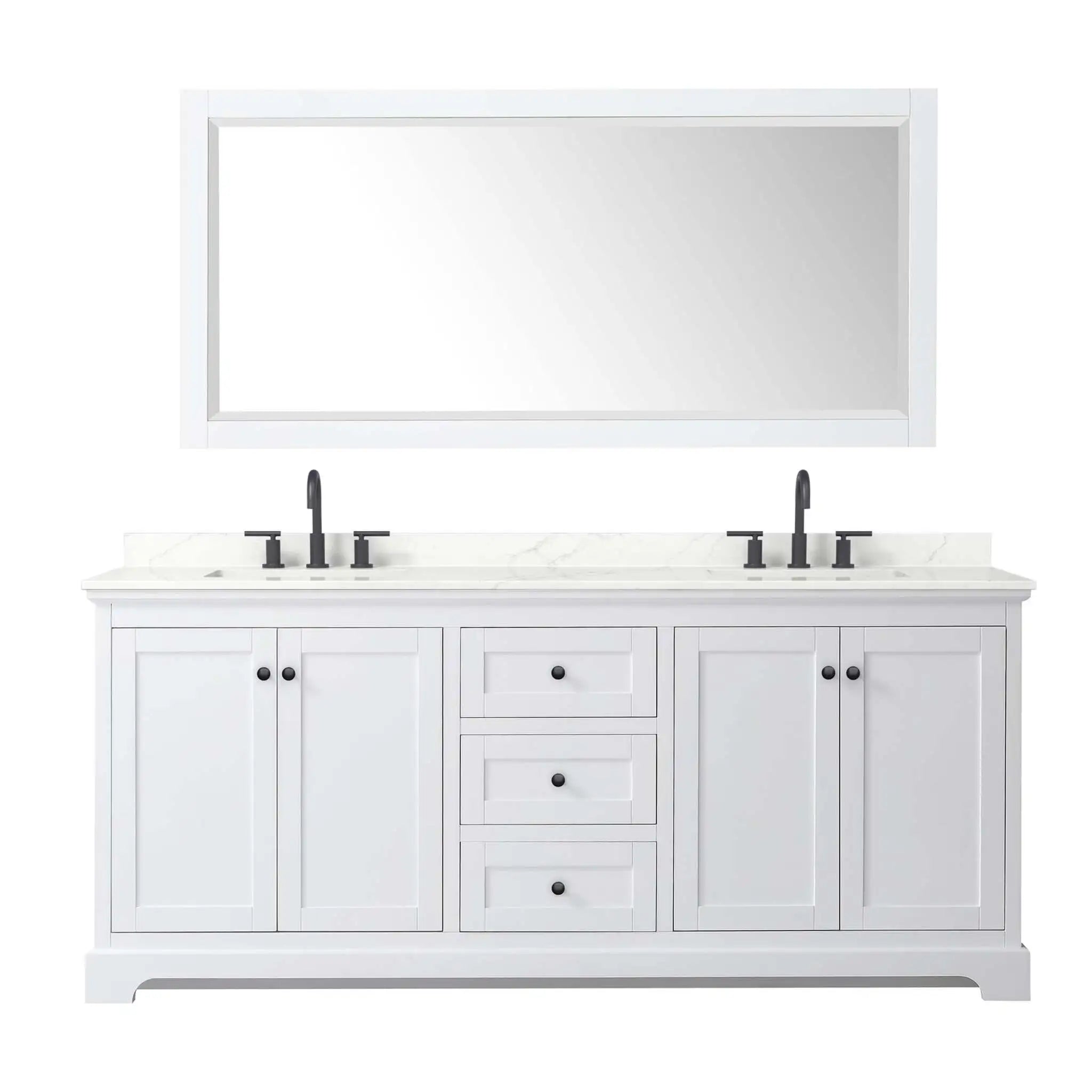 80" Avery Double Bathroom Vanity in White with Matte Black Trim & 70" Mirror by Wyndham