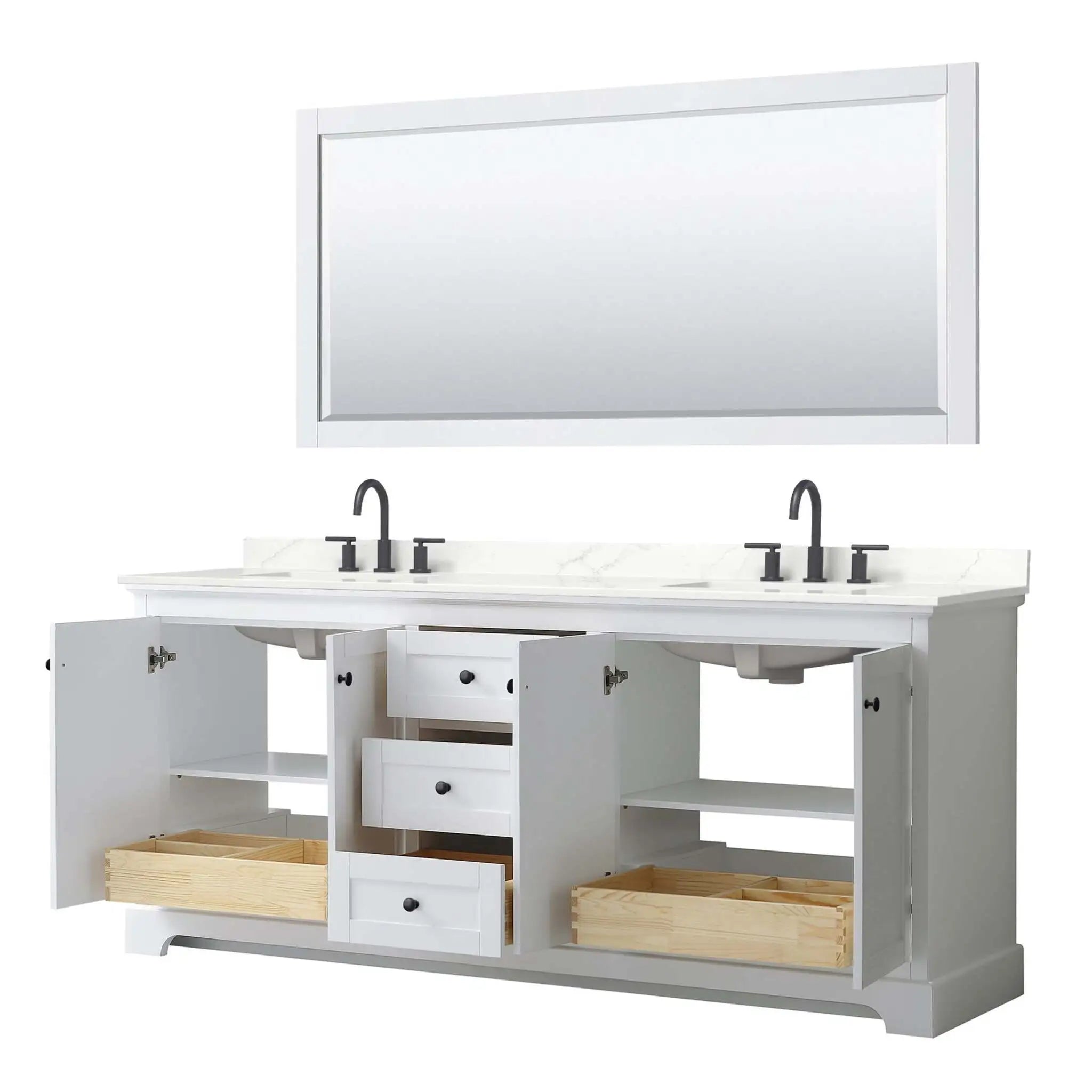 80" Avery Double Bathroom Vanity in White with Matte Black Trim & 70" Mirror by Wyndham