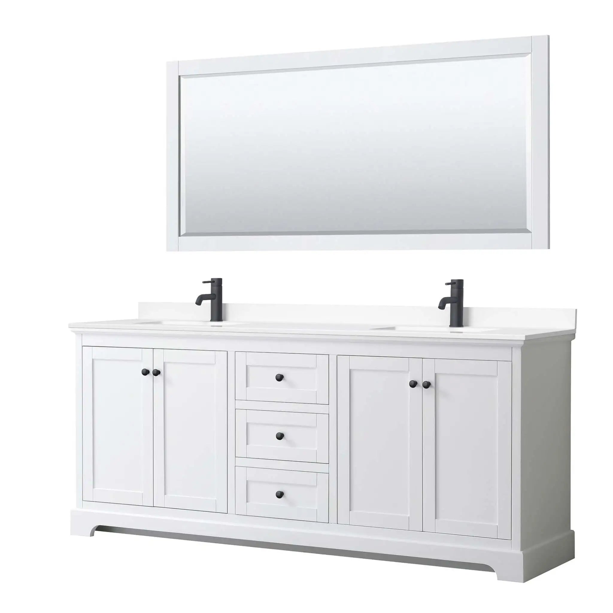 80" Avery Double Bathroom Vanity in White with Matte Black Trim & 70" Mirror by Wyndham
