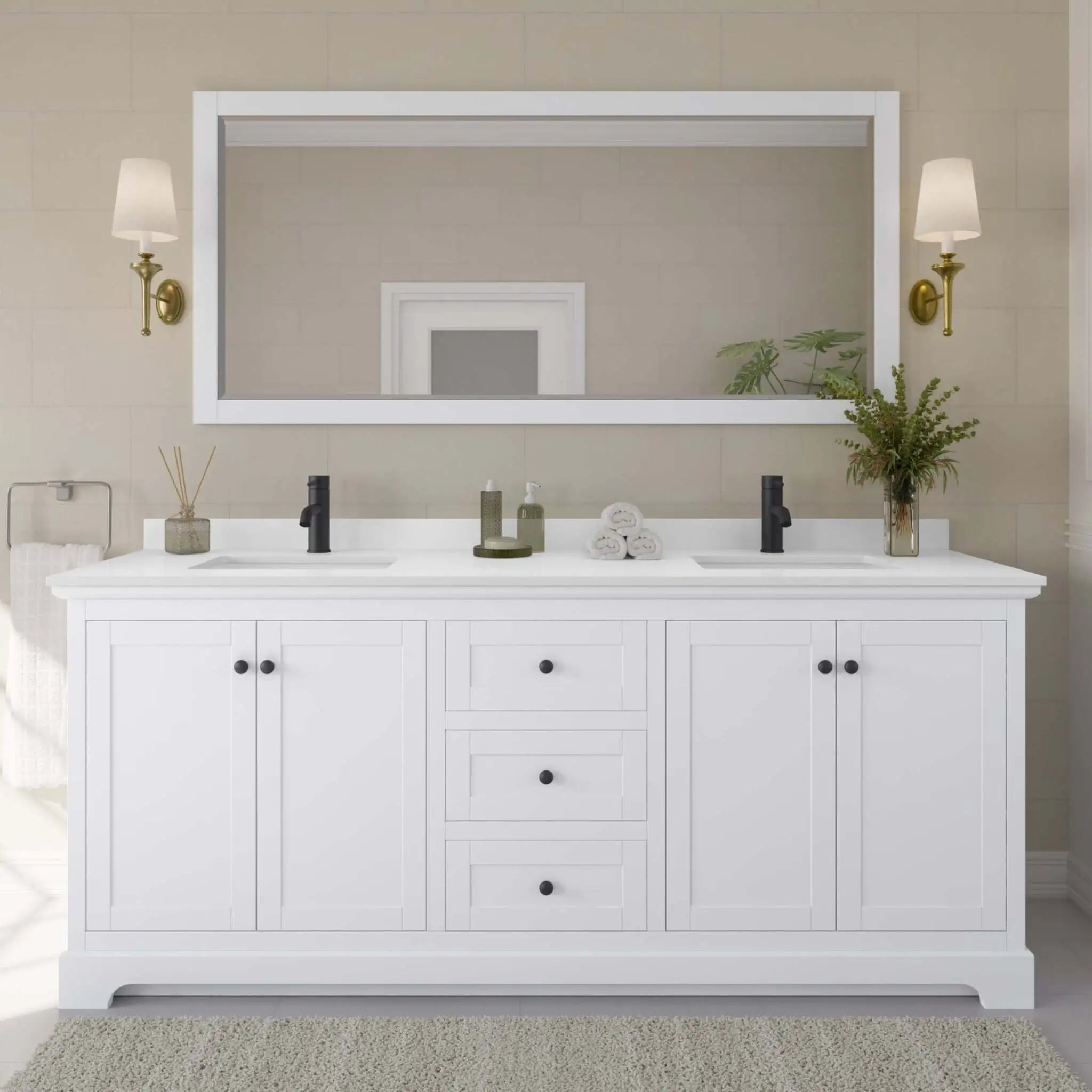 80" Avery Double Bathroom Vanity in White with Matte Black Trim & 70" Mirror by Wyndham