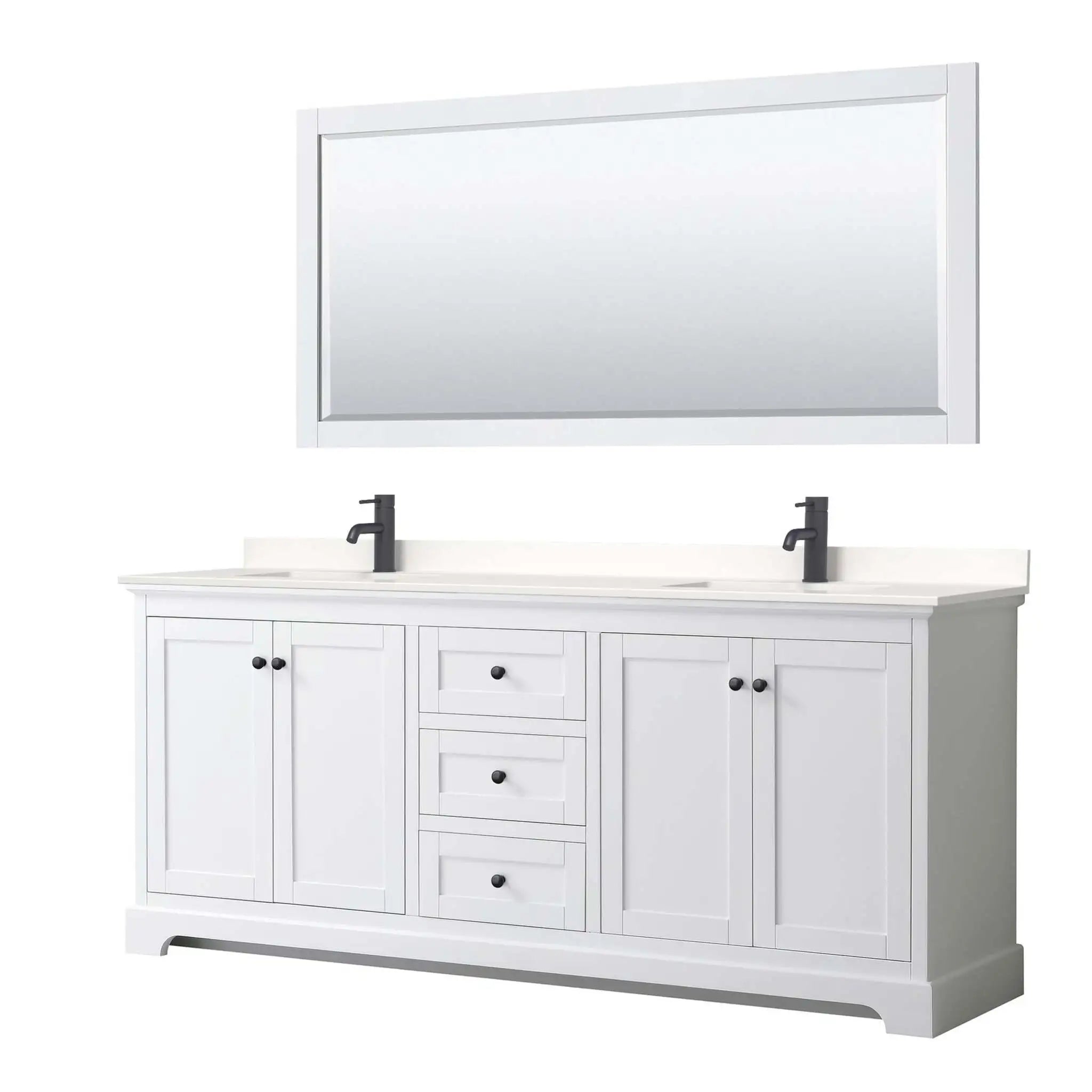 80" Avery Double Bathroom Vanity in White with Matte Black Trim & 70" Mirror by Wyndham