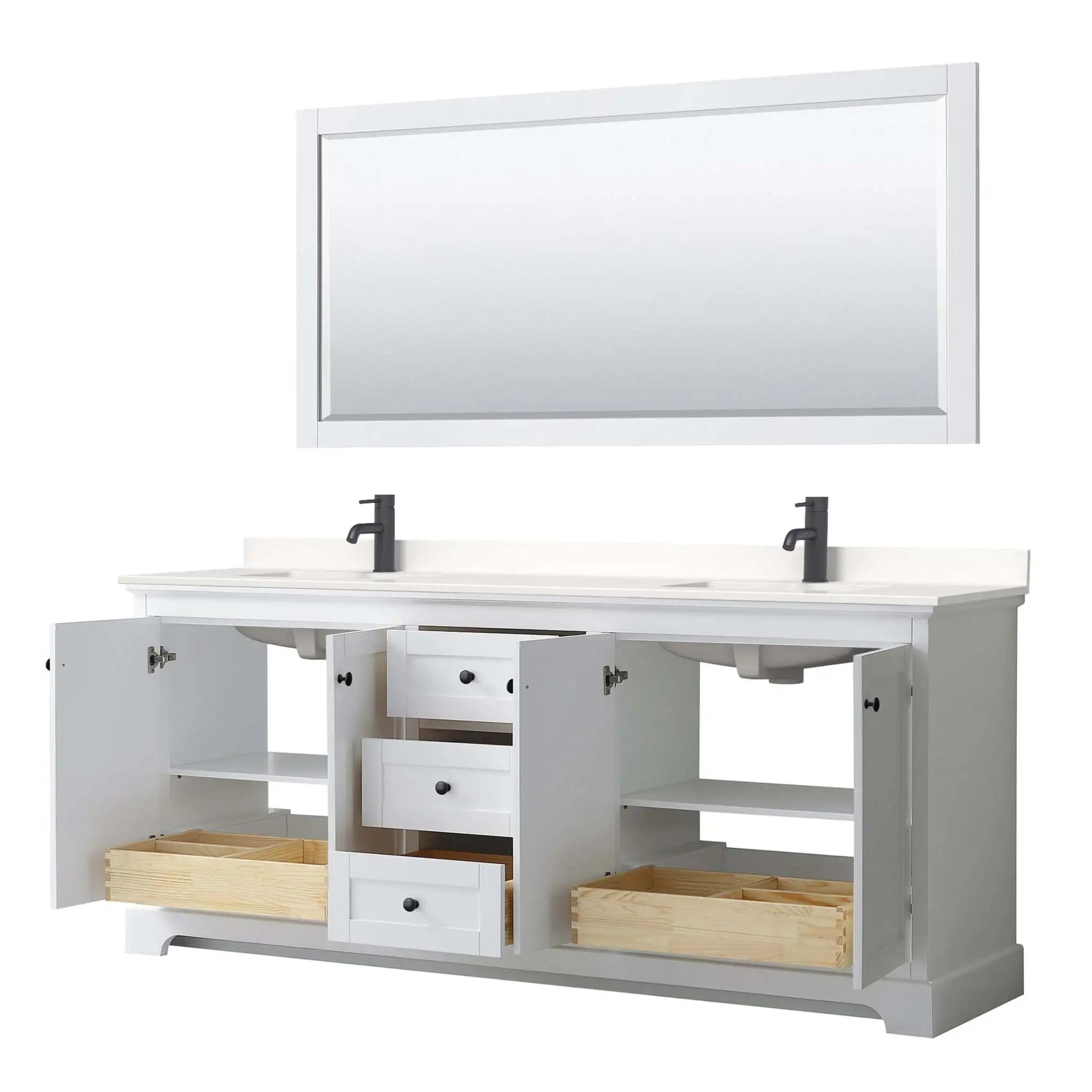 80" Avery Double Bathroom Vanity in White with Matte Black Trim & 70" Mirror by Wyndham