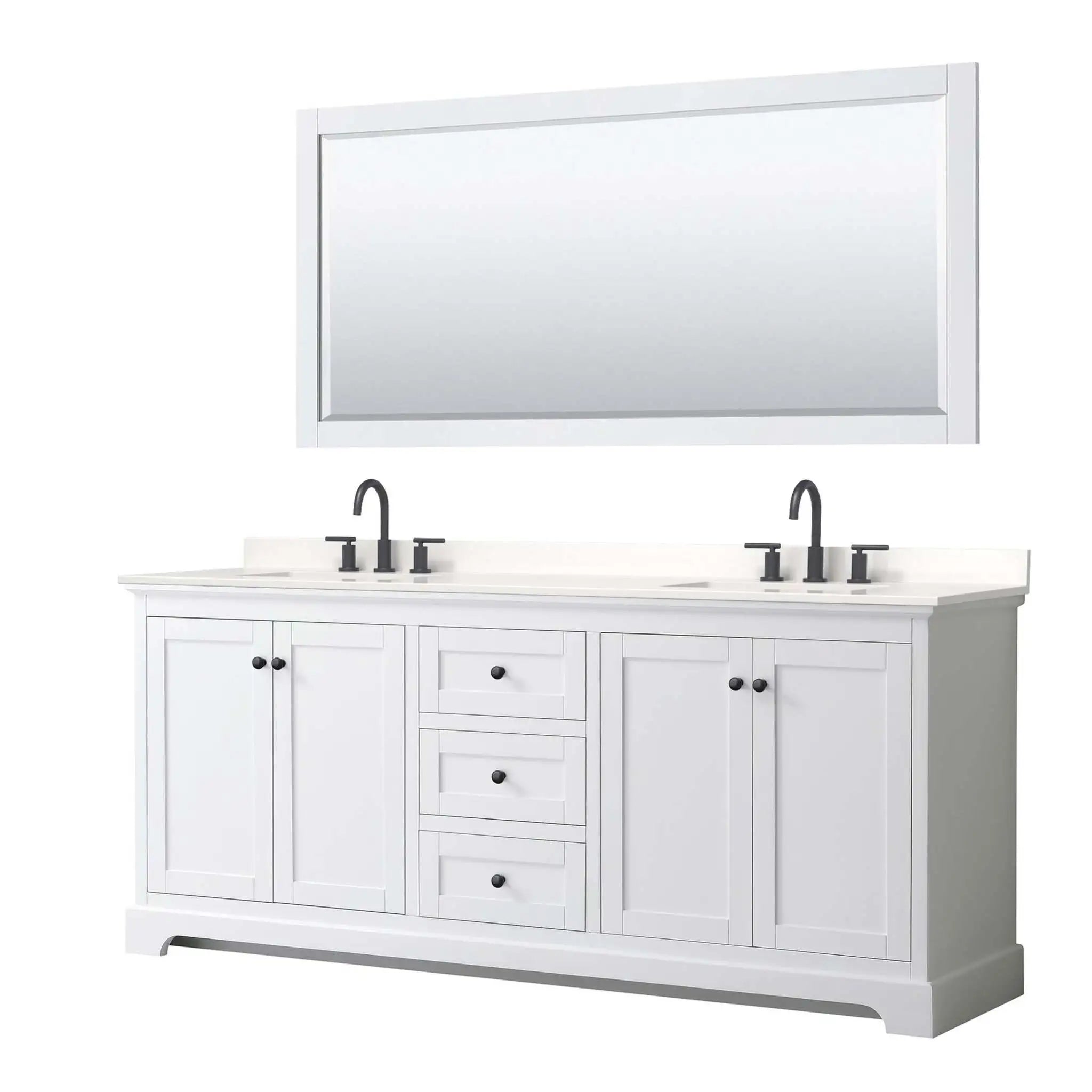 80" Avery Double Bathroom Vanity in White with Matte Black Trim & 70" Mirror by Wyndham